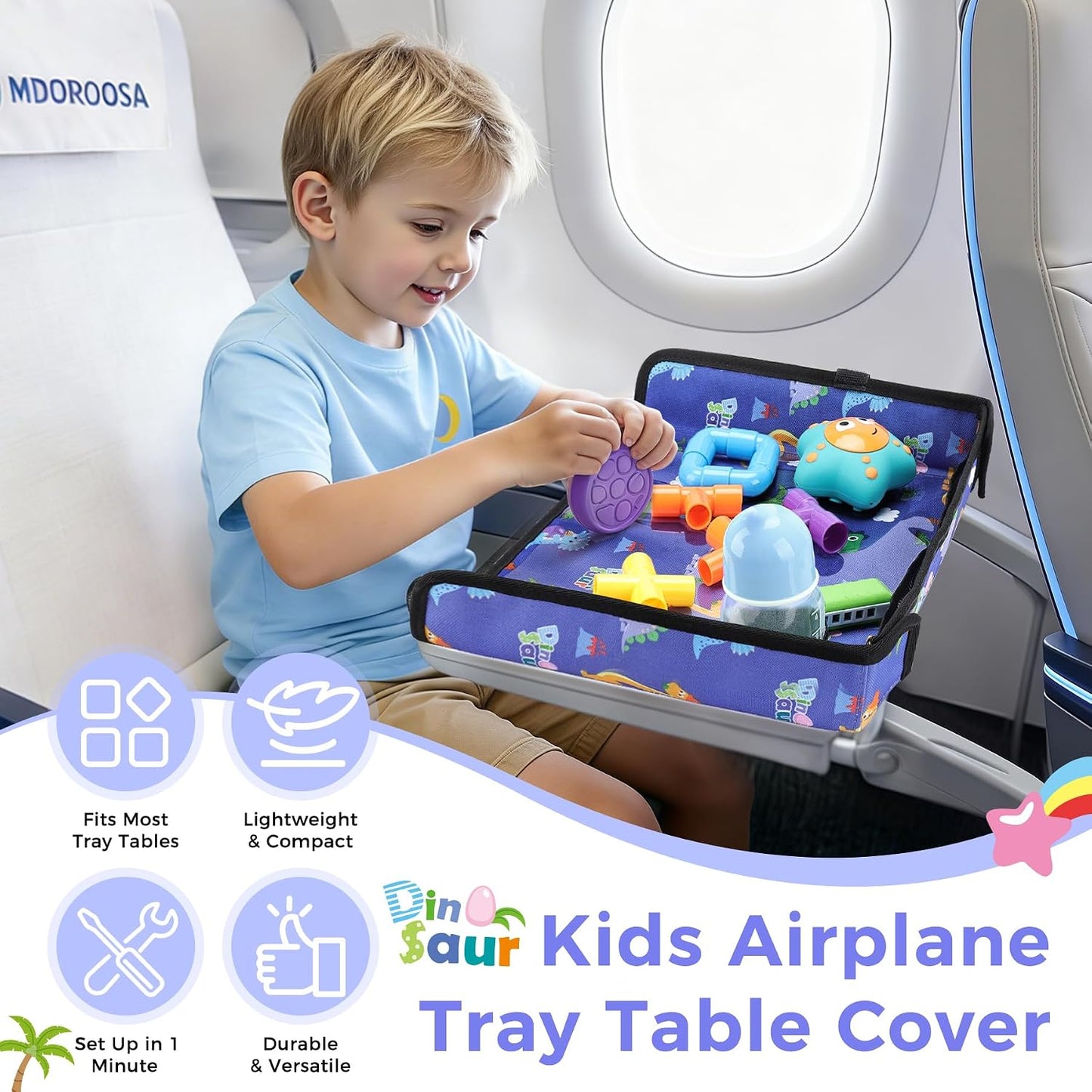 COOLBEBE Airplane Tray Table Cover, Foldable Travel Tray Cover for Toddlers 1-3, Universal Fit for Airplane, Car Seat, High Chair, Machine Washable, Portable, Blue Dinosaur