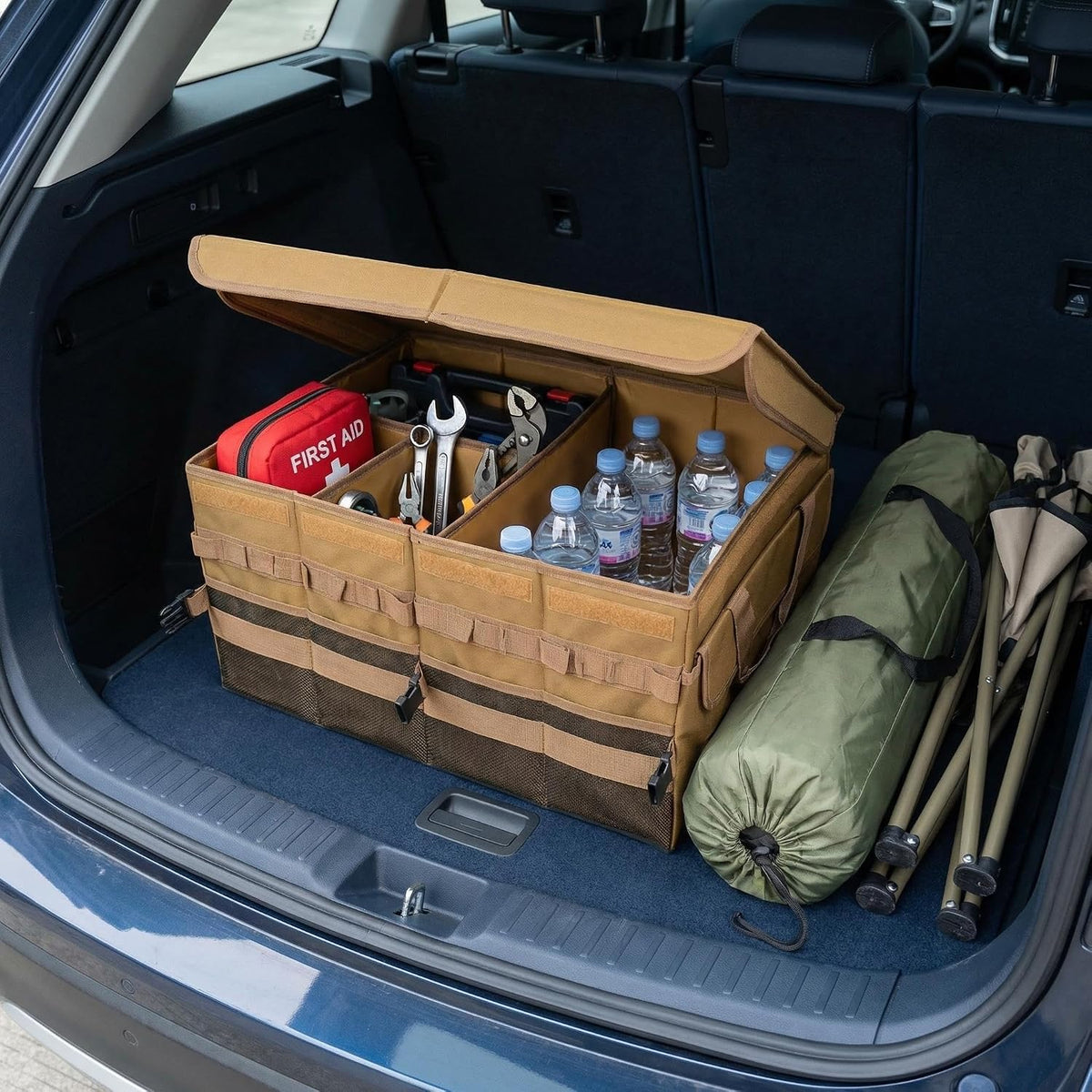 Large 70L SUV Trunk Organizer, Trunk Organizer With Lid, Foldable Cargo Storage Box, Brown, 4-Compartments With Handle, Universal for Car Sedan Truck Camping Grocery Shopping Travel