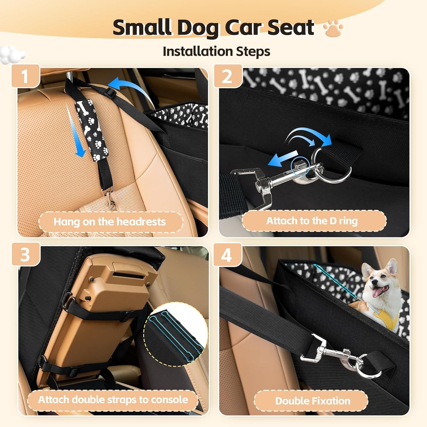 Center Console Dog Car Seat, Portable Pet Cat Puppy Booster Armrest Carseat, Anti-Collapse Pet Car Seat with Safety Leash, Adjustable Straps, Storage Pockets, Support Pet Up to 15lbs (Black)