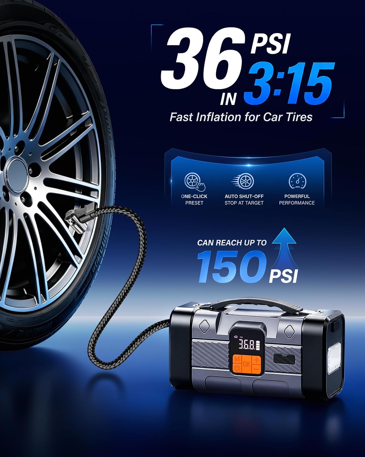 1600A Jump Starter with Air Compressor, 16000mAh 65W Fast Charging, 150PSI
