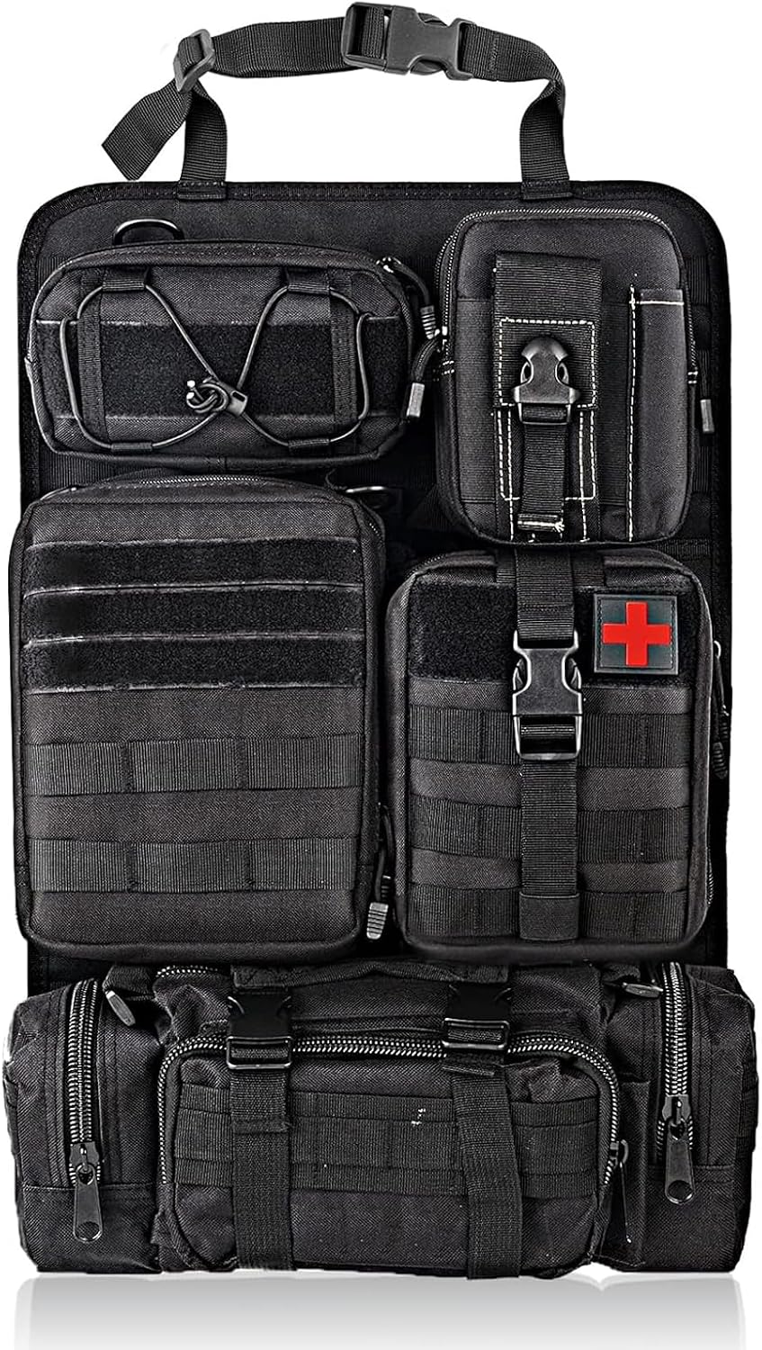 Tactical Car Seat Back Organizer with 5 Detachable Molle Pouches, 600D PU Waterproof Vehicle Seat Back Storage Bag, Universal Fit for Car, SUV, Truck, Pickup, Truck (Black)