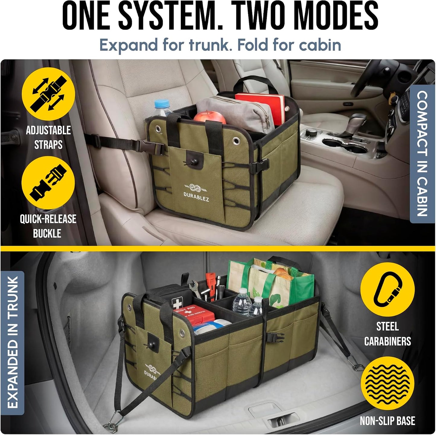 Heavy Duty Foldable Trunk Organizer 2-Section – Dual-Compartment Car Cargo Box with Non-Slip Pads & Removable Dividers – Green