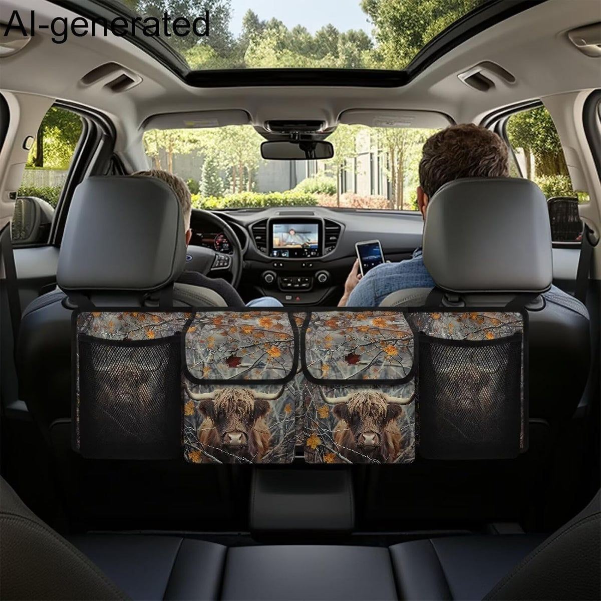 Branch Cattle Design Car Trunk Organizer,Backseat Hanging Organizer with 4 Large Storage Pockets,Trunk Bag for Car,SUV,Truck,Van Kids Travel Not Easy to Fade