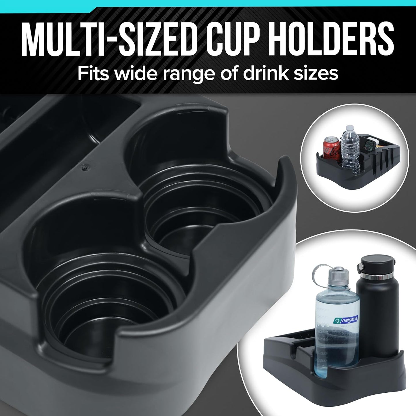Universal Car Floor Center Console with Dual Cup Holders, Portable Center Console Storage Organizer, Vehicle Organizer for SUV, Truck, Van, Car, Recycled Plastic, Made in USA (Black)