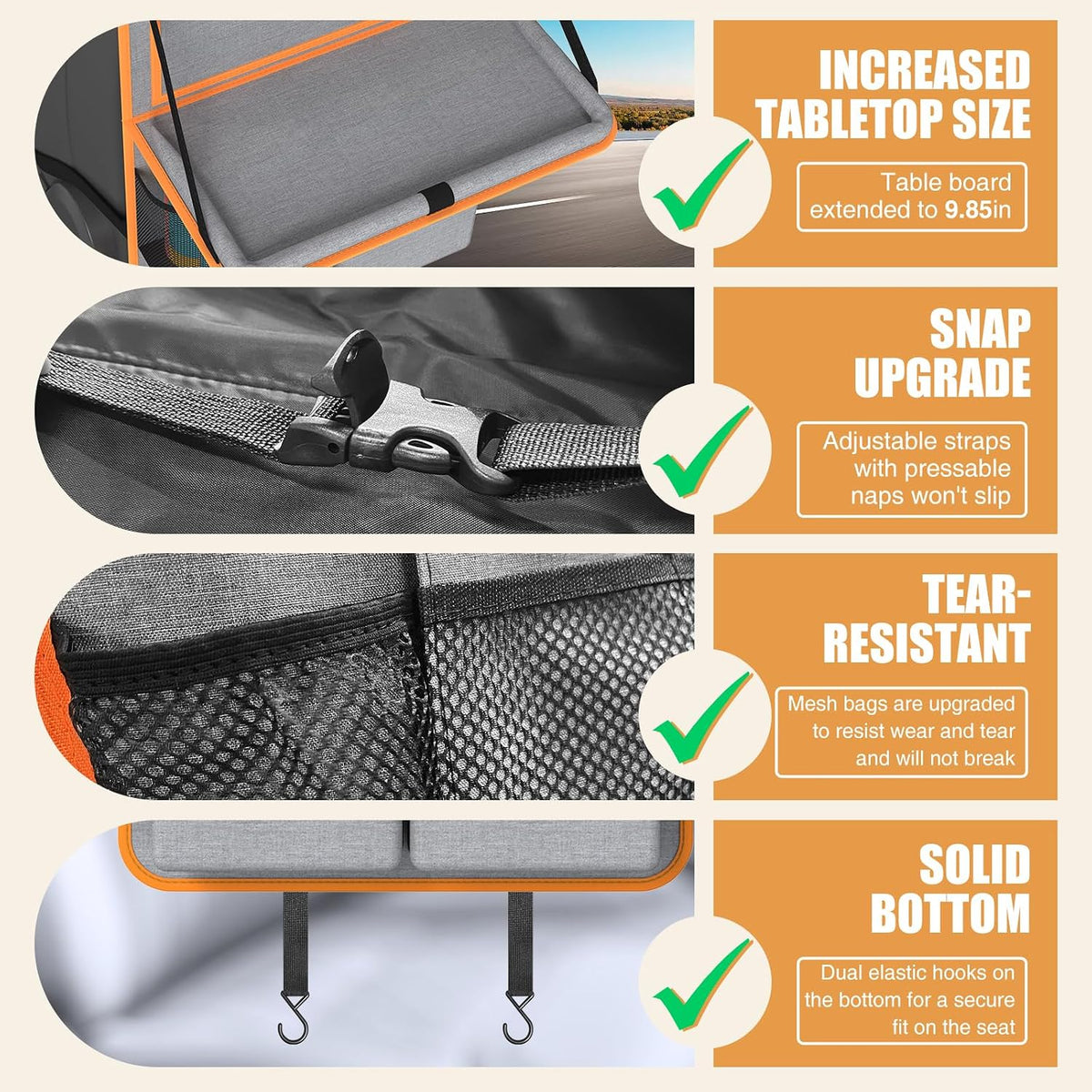 Plzpik Car Backseat Organizer with Tablet Holder,11 Storage Pockets with Foldable Food Tray, Protector Kick Mats for Kids, Travel Accessories Organizer (Orange, 2Pack)