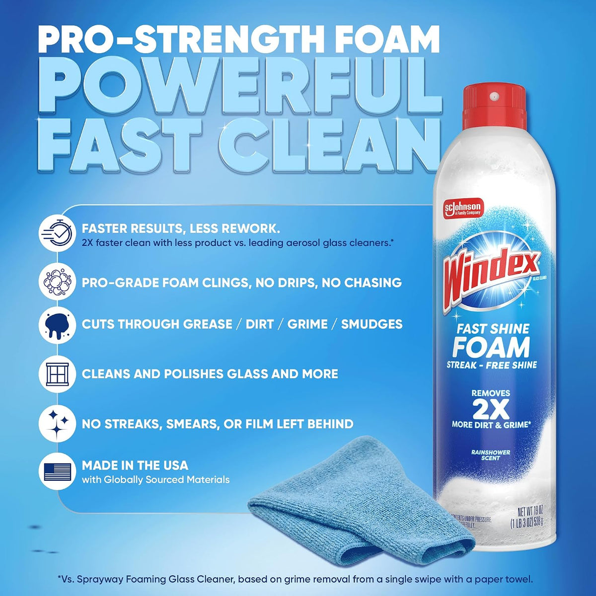 Windex Fast Shine Foam Glass Cleaner, No-Drip Windows, Doors, Mirrors & Countertops Aerosol Cleaning Spray, Streak-Free Shine, Removes Fingerprints, Dust, Dirt, Grime & More 19 oz (Pack of 6)