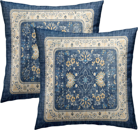 Giwawa Blue Boho Throw Pillow Covers 16x16 Inch Ethnic Floral Decorative Pillow Cases Set of 2 Square Cushion Covers for Sofa Couch Outdoor Decor