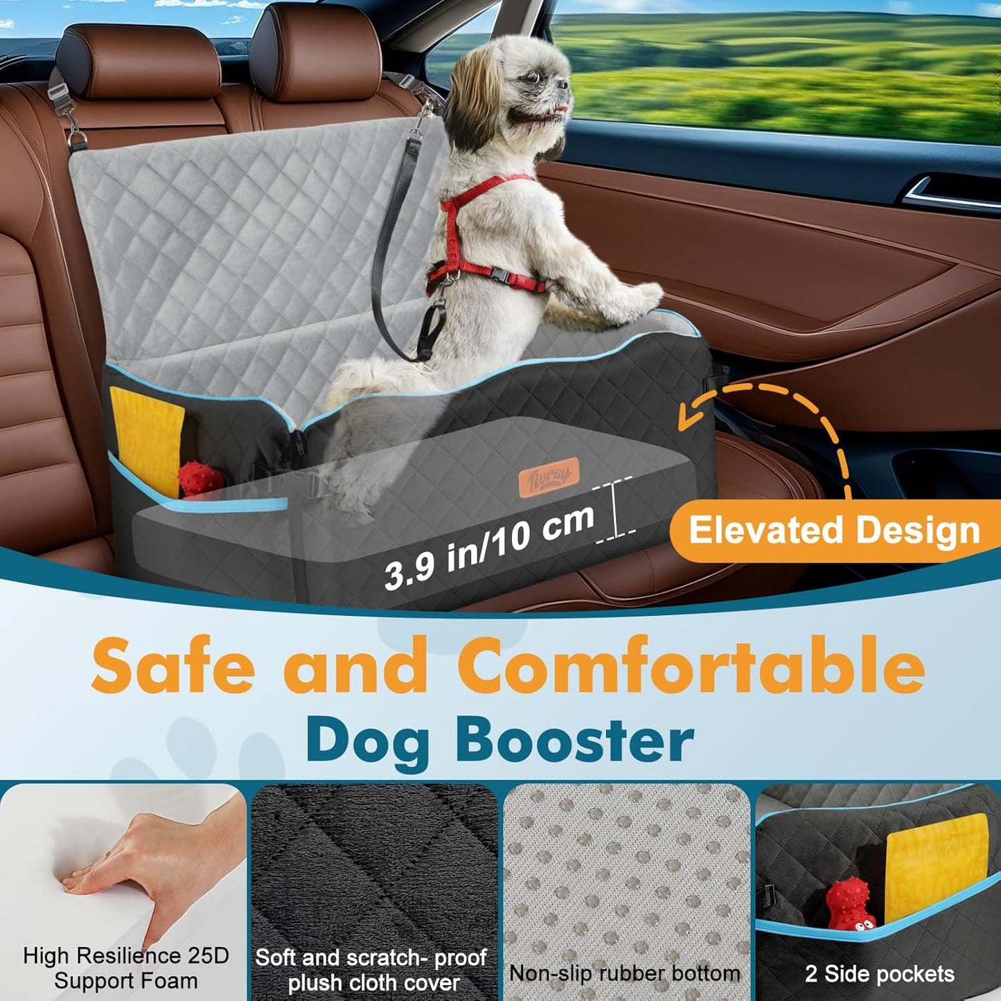 Large Dog Car Seat, Dog Car Bed for Large Dogs Under 60 lbs or 2 Small Breeds, Comfortable Pet Booster Seat with Soft Foam Thick Cushion, Detachable & Washable Pet Bed for Backseat, Black+Grey