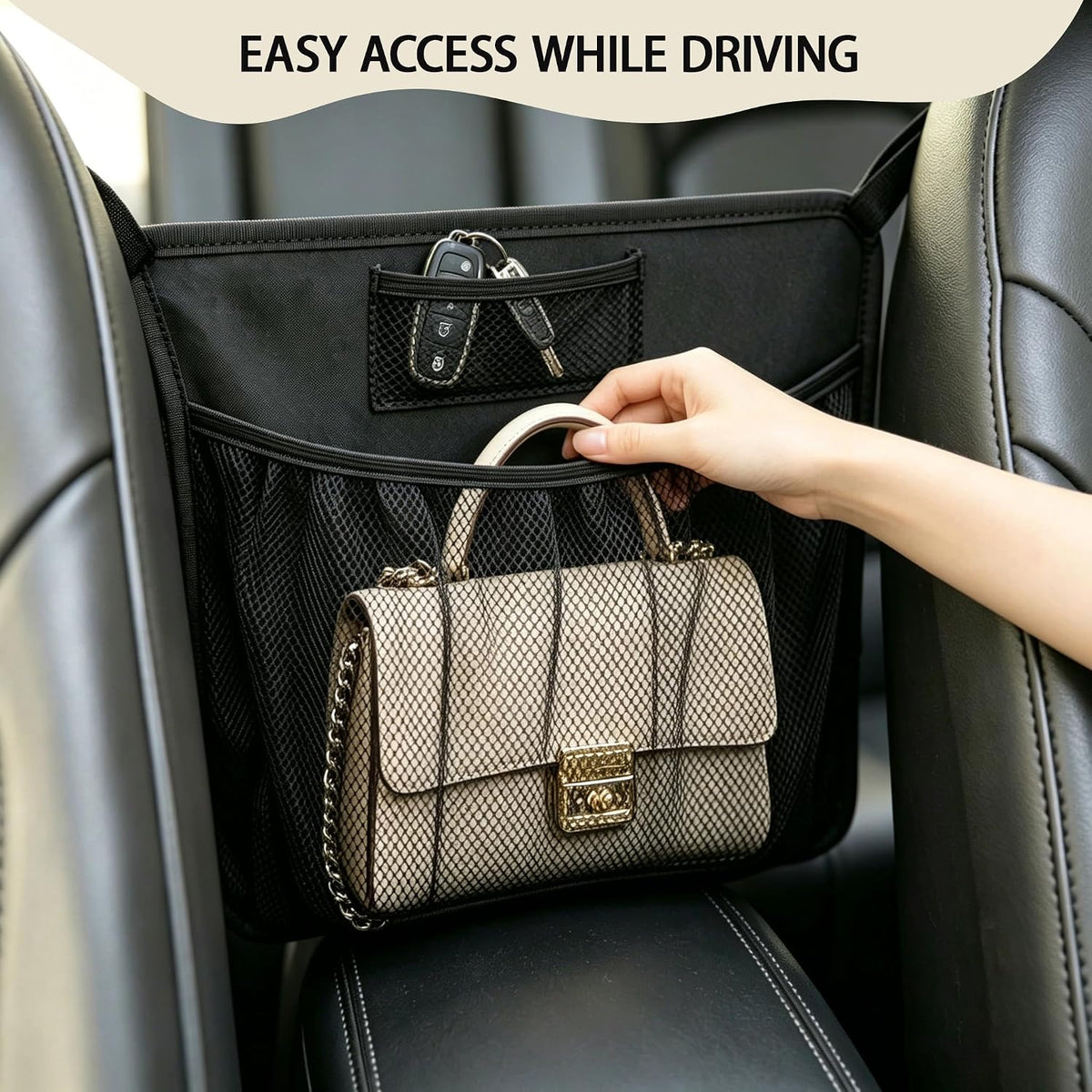 Car Purse Holder Between Seats, PU Leather Mesh Organizer with Cup Holder