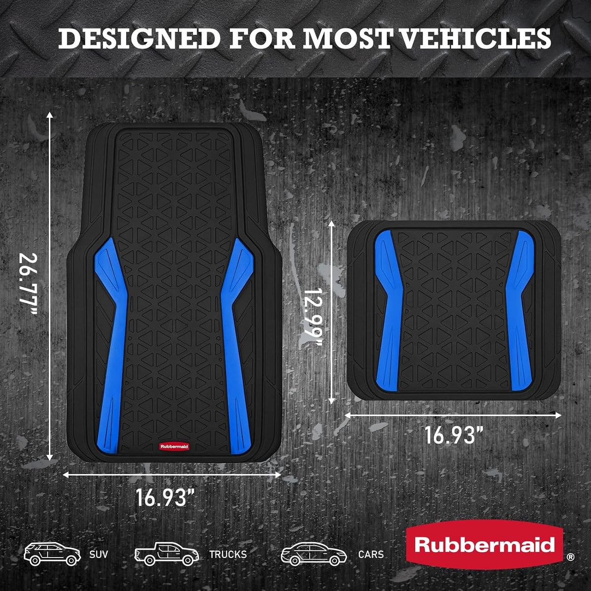 Rubbermaid Car Floor Mats Full Set, Premium Heavy Duty All-Weather Car Mats– Rugged Rubber with Brushed Aluminum Inserts, Universal Trim-to-Fit, Anti-Slip Backing for Cars, SUVs, Trucks & Vans - Blue