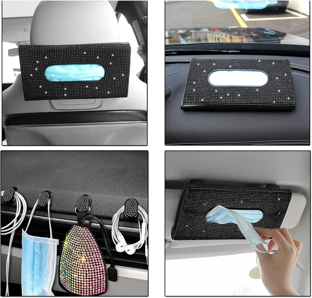 Unifizz Car Tissue Holder Sparkling Bling Car Visor Tissue Holder Mask Holder Tissue Box PU Leather Crystals Tissue Case Car Backseat Tissue Dispenser Bling Car Accessories for Women (Black)