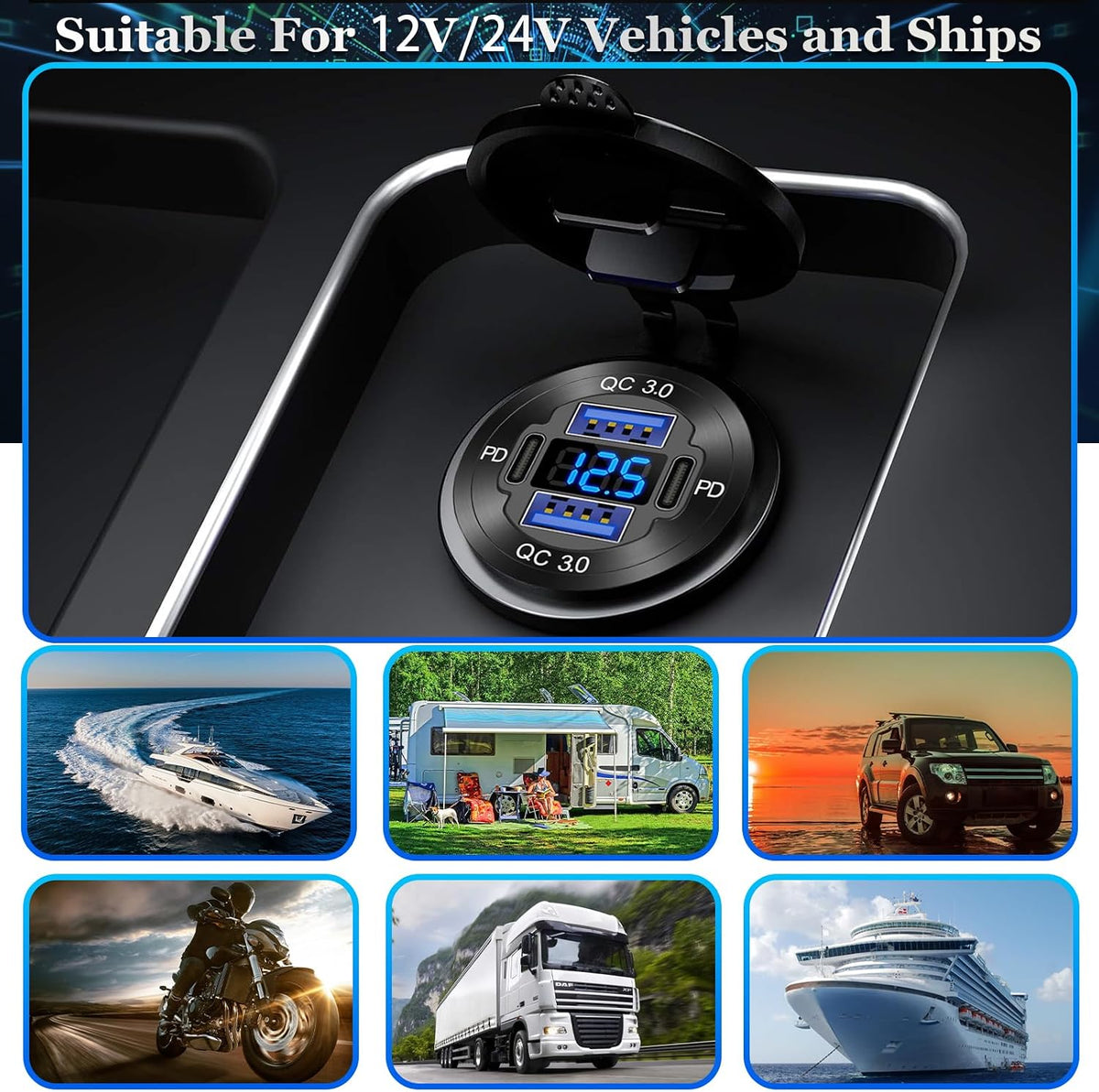 84W 4-Port 12V/24V USB Car Charger Socket with Dual PD3.0 & Dual QC3.0 Fast Charging, Aluminum Alloy Waterproof USB C Outlet with LED Voltmeter, Compatible for Cars Boats Trucks RVs Motorcycles Marine