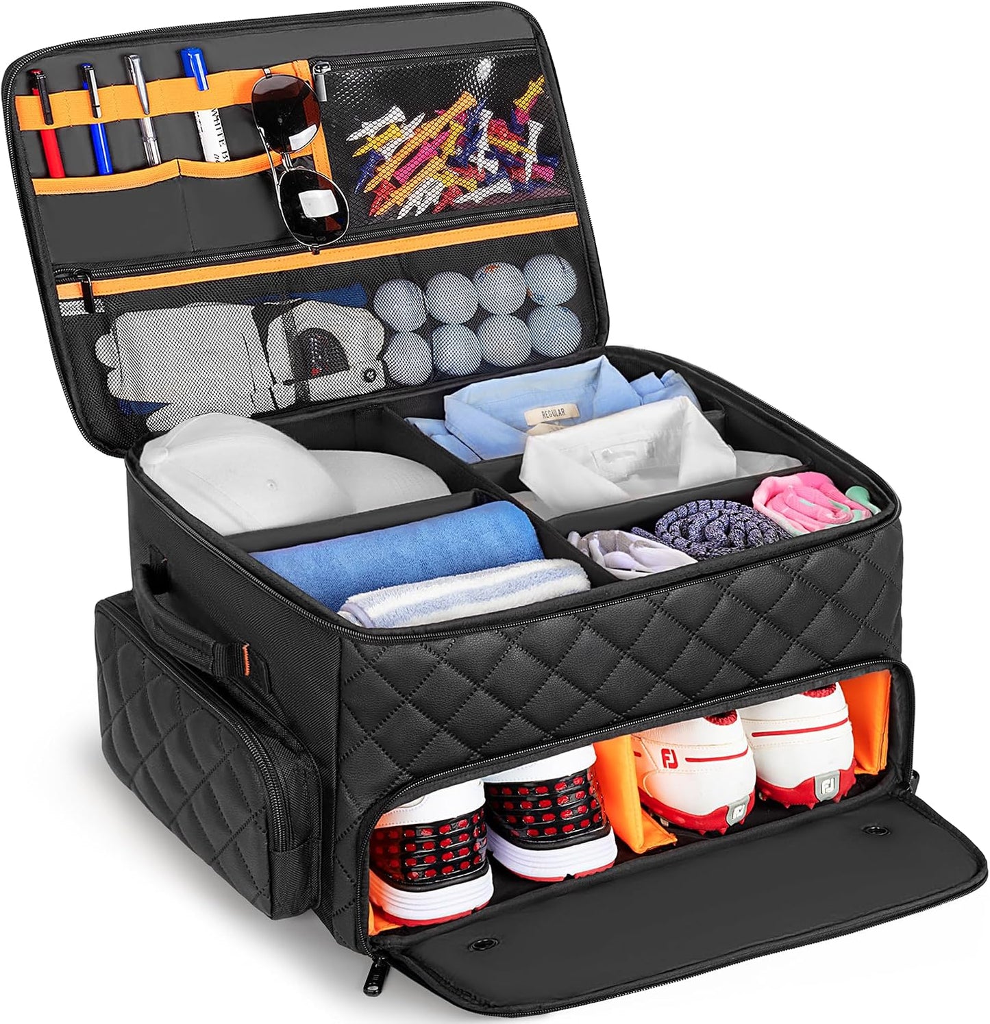 PGmoon 2 Layer Golf Trunk Organizer, Golf Car Storage Organizer with Individual Ventilated Compartment for 2 Pairs Shoes, Golf Car Locker for Balls, Clothes, Tees, Gloves, Accessories (Black)