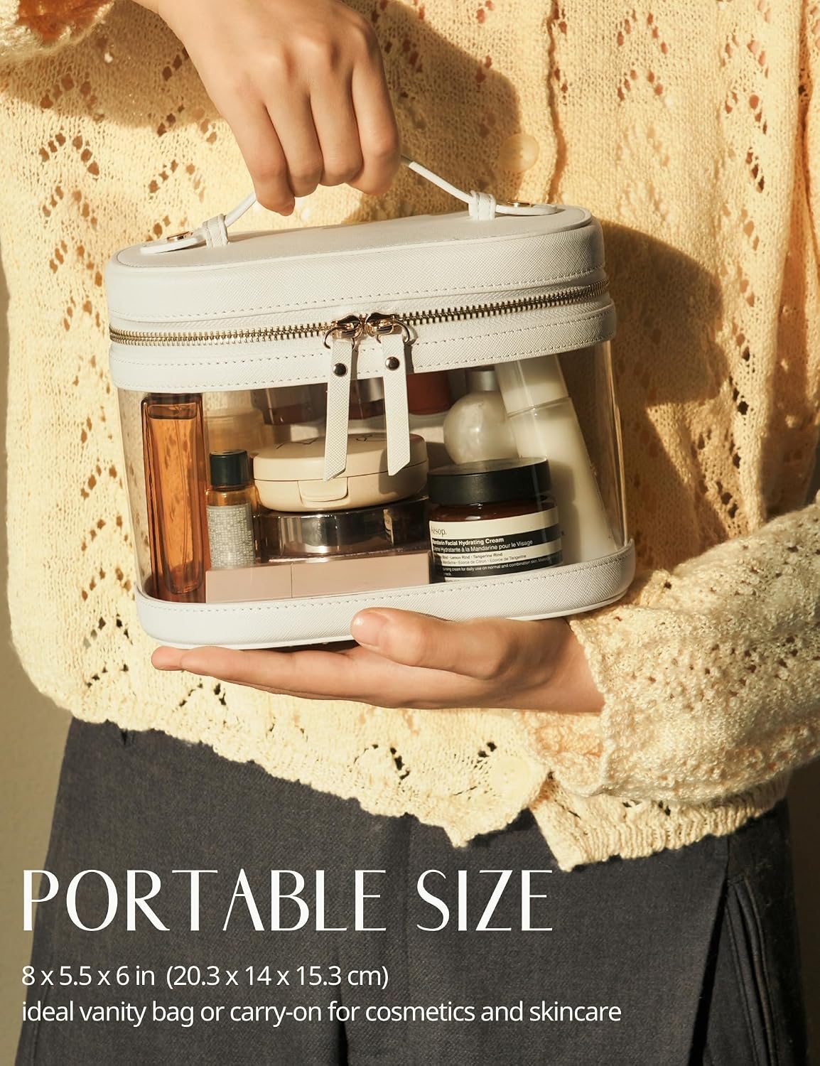 Popvibe Clear Makeup Train Case Vanity Bag Make Up Travel Bag with Brush Holder, Compact Transparent Makeuo Bag for Traveling Leather Cosmetic Case Portable Travel Essentials Toiletry Organizer White
