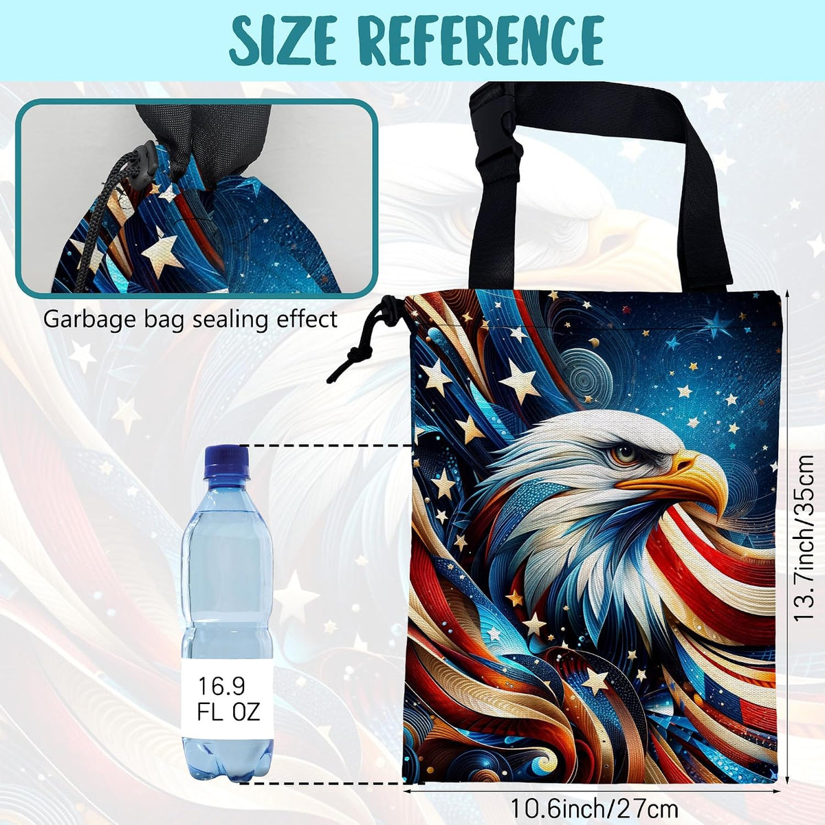 Car Garbage Bag American Flag and Bald Eagle Drawstring Car Trash Bag Hanging for Back Seat with Adjustable Buckle Canvas Vehicle Trash Can Easy-to-Install