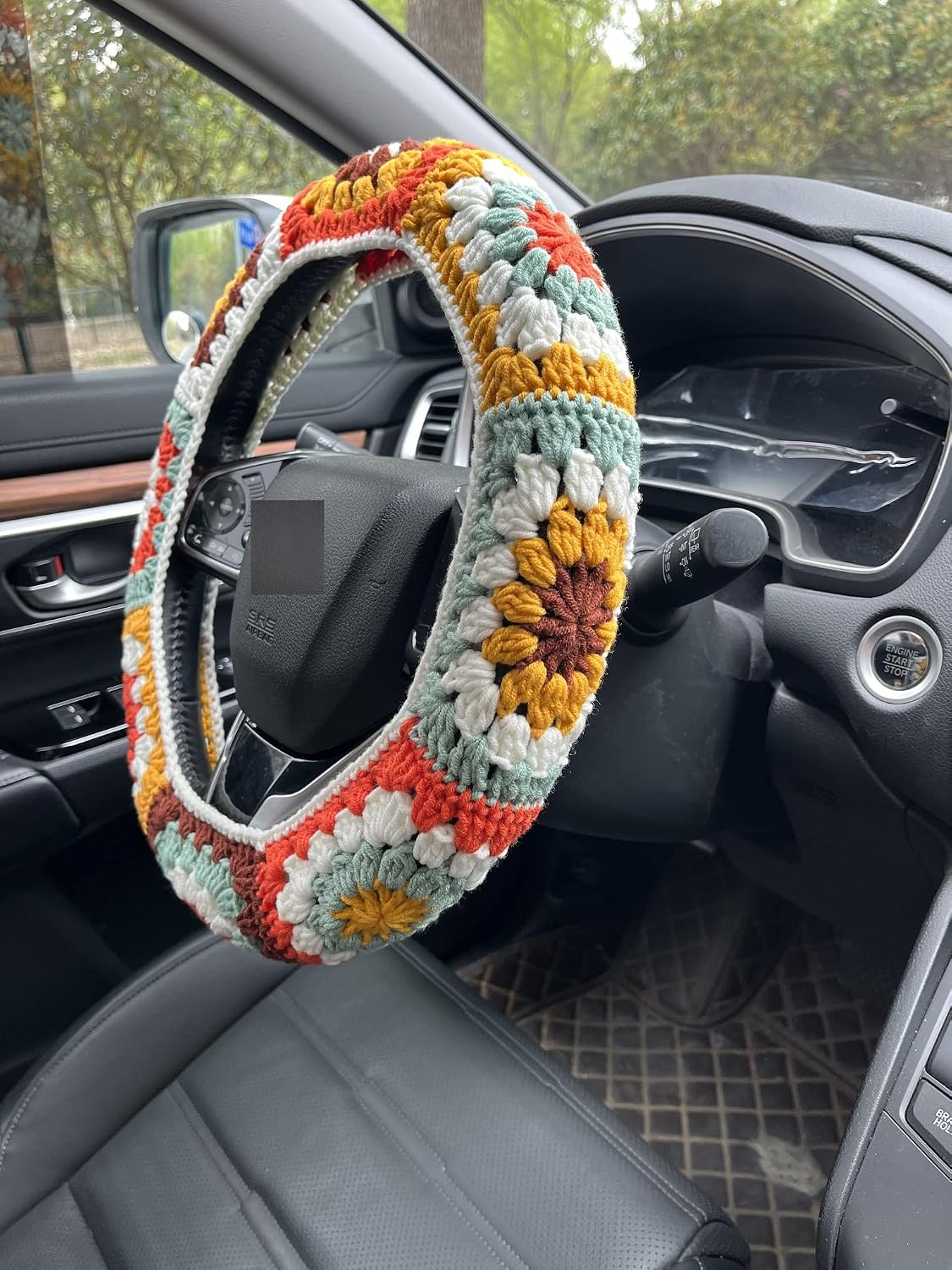 Steering Wheel Cover,Handmade Crochet Rainbow Sunflower Granny Square Steering Wheel Covers (Steering Wheel Cover+1strawberry)