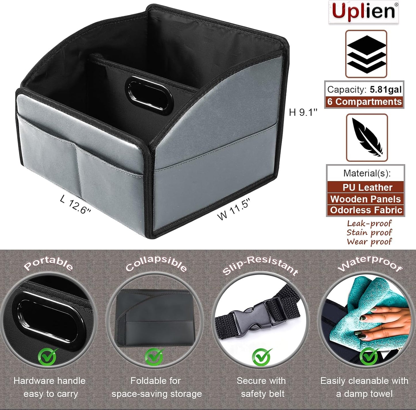 Car Storage Organizer [2025 UPDATED] Leather Car Caddy Basket for Front Seat Floor Back Seats Metal Handle 6 Compartments Adjustable Strap Buckles Slip-Resistant (Gray)