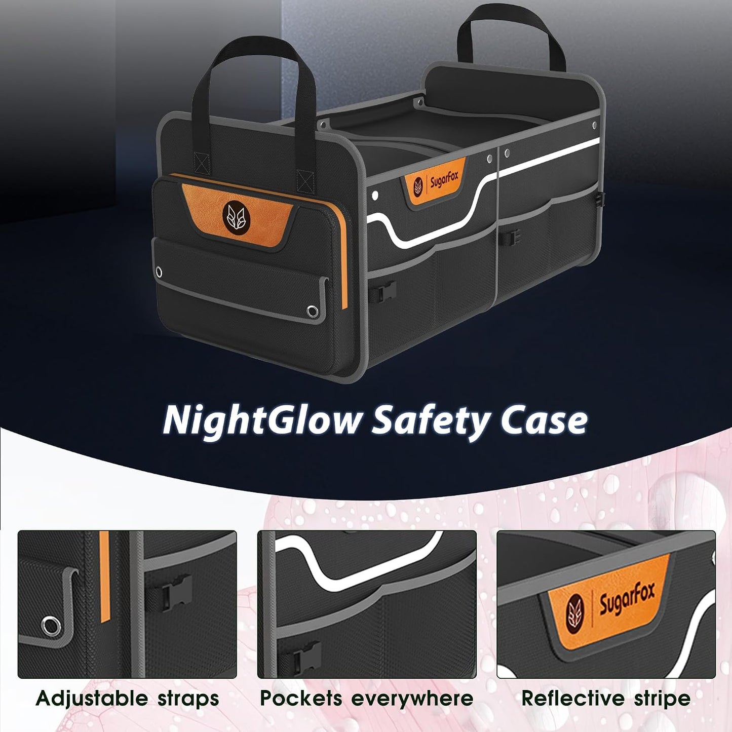 SugarFox Car Trunk Organizer for SUV, 70L Heavy Duty Waterproof Trunk Organizer, Foldable Vehicle Organizer with Anti-Slip Base, 24”x13.8”x11.8”, BLACK-M003