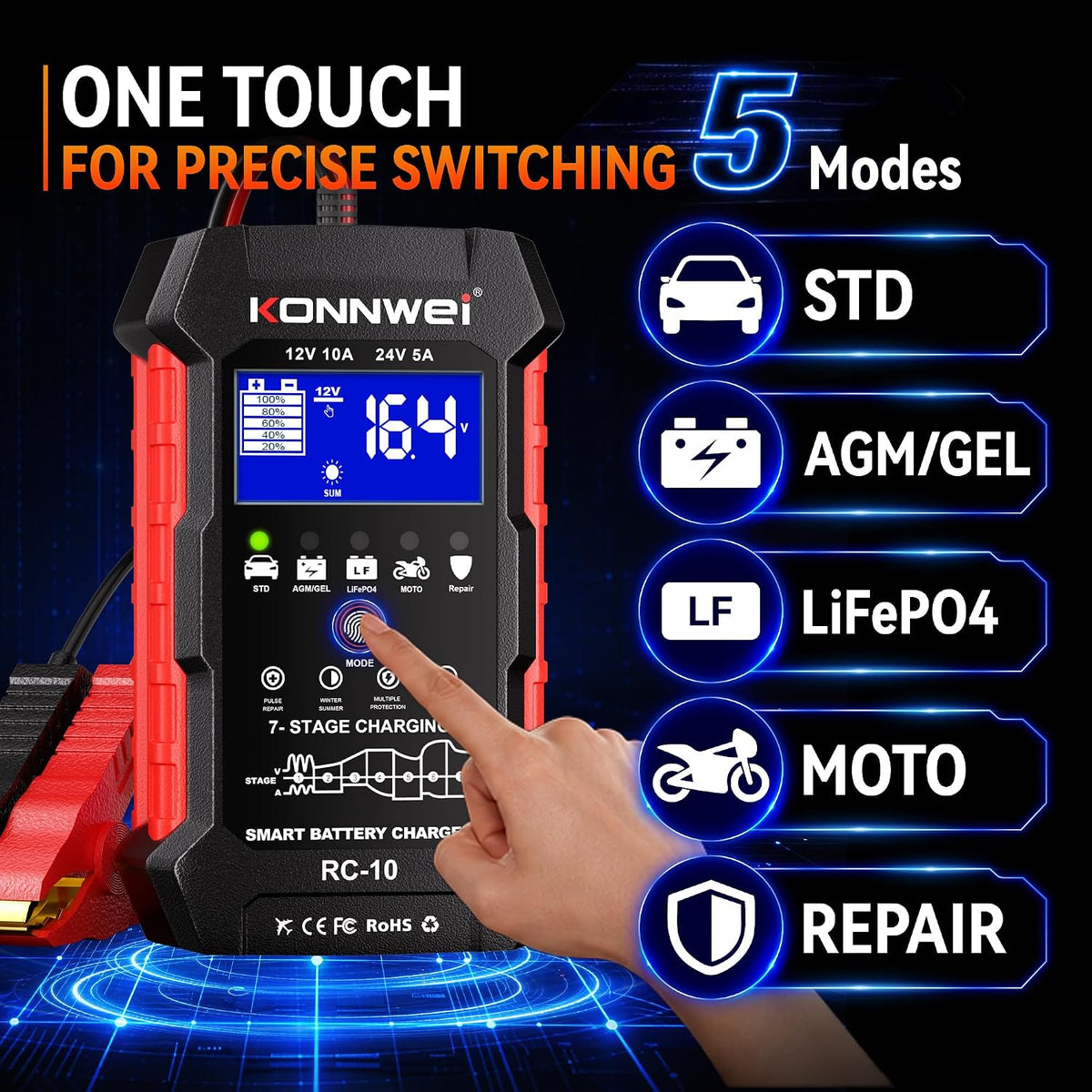 KONNWEI 12V/24V Battery Charger,Smart Trickle Charger Maintainer LiFePO4