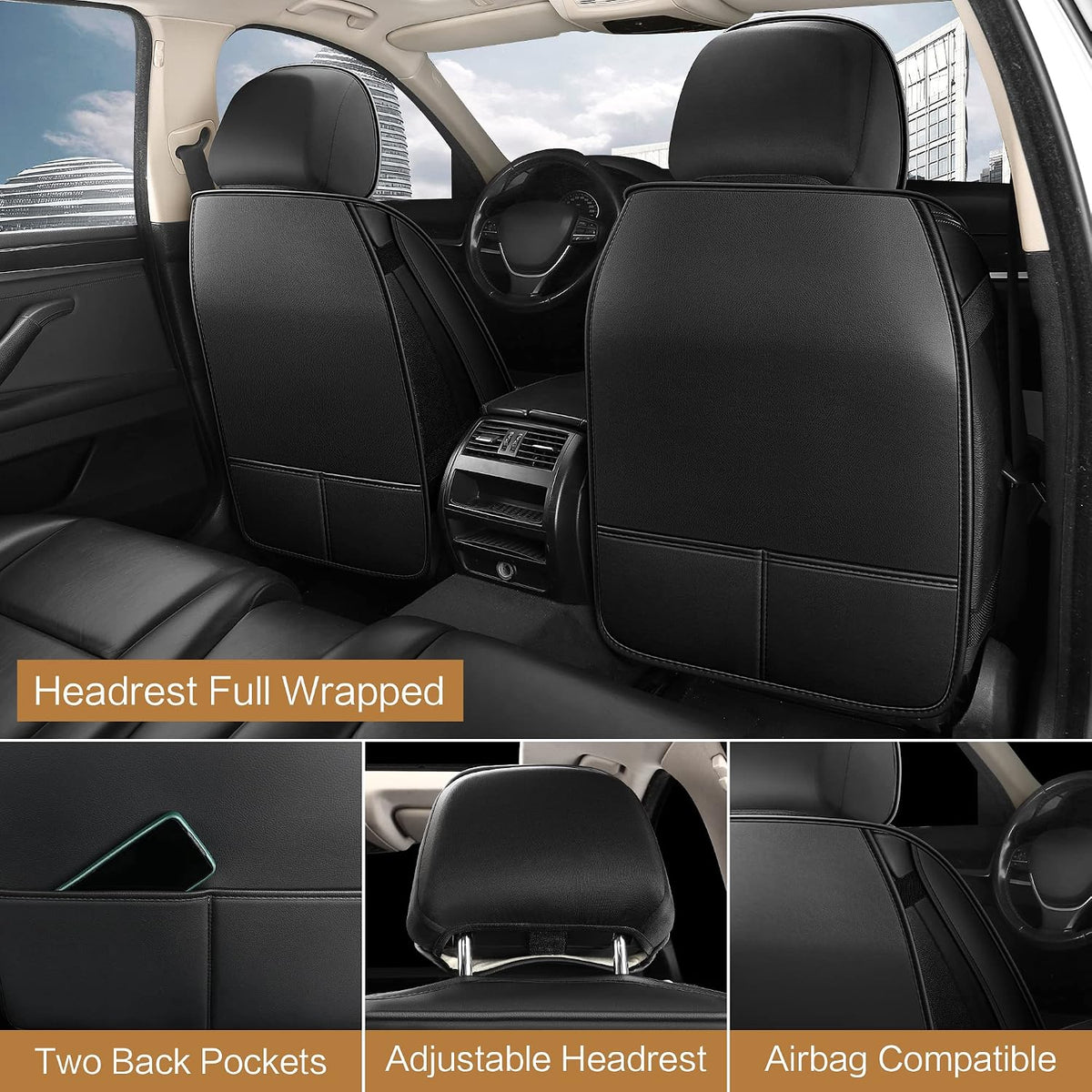 Pariitadin Leather Car Seat Covers Front Pair, Waterproof Faux Leather Seat Covers for Cars, Non-Slip Car Interior Covers Universal Fit for Most Cars Sedans Trucks SUVs, Black Line