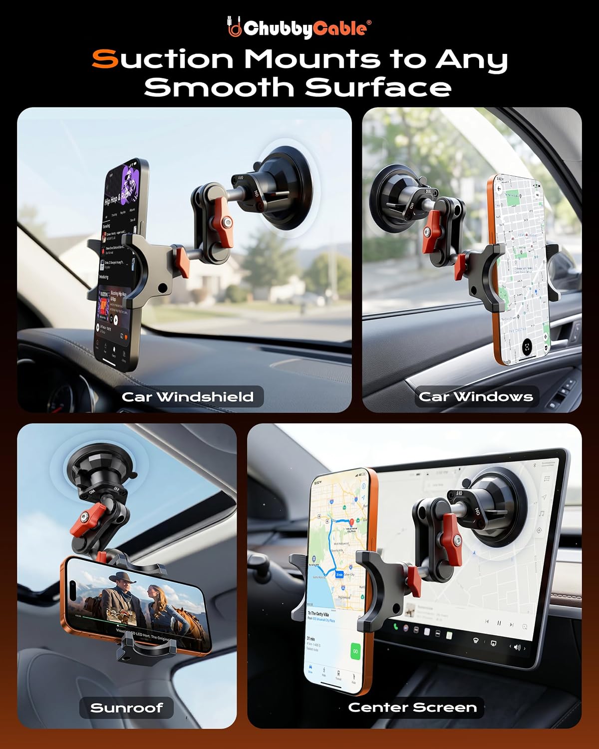 ChubbyGrip Car Phone Holder with Suction Cup and Clamp Head