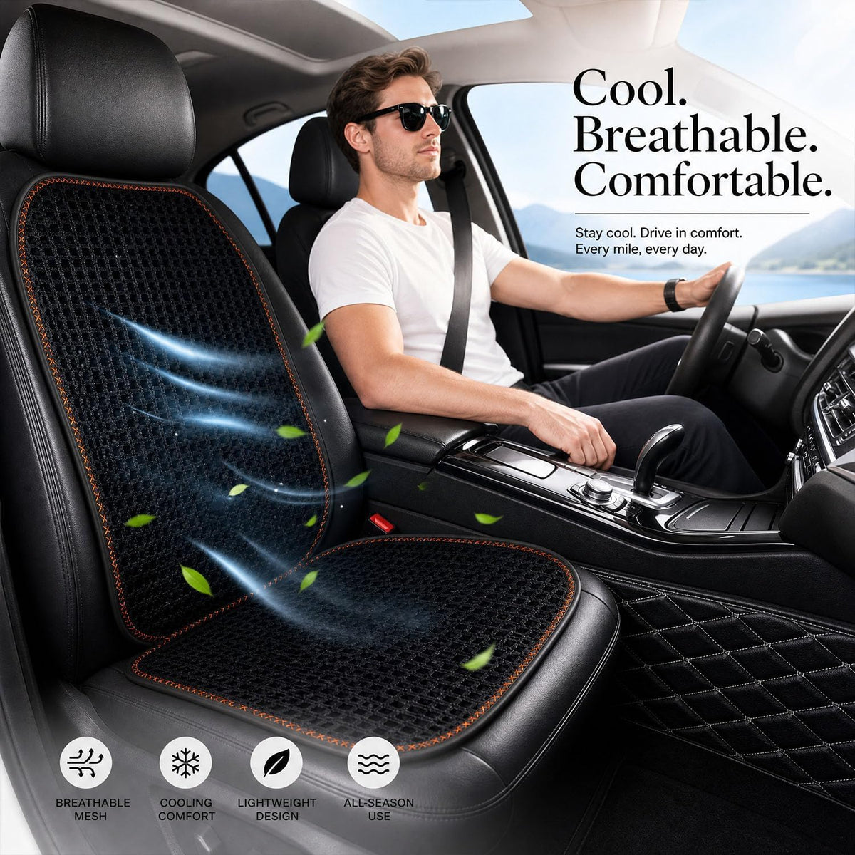 Cooling&Breathable 3D Air Mesh Car Seat Cushion for Summer, Universal Ventilated Comfortable Seat Pad, Suitable for Sedans,Vans,Pickup,Trucks,Suvs (Black-1PcsBackCushion+1PcsSeatPad)
