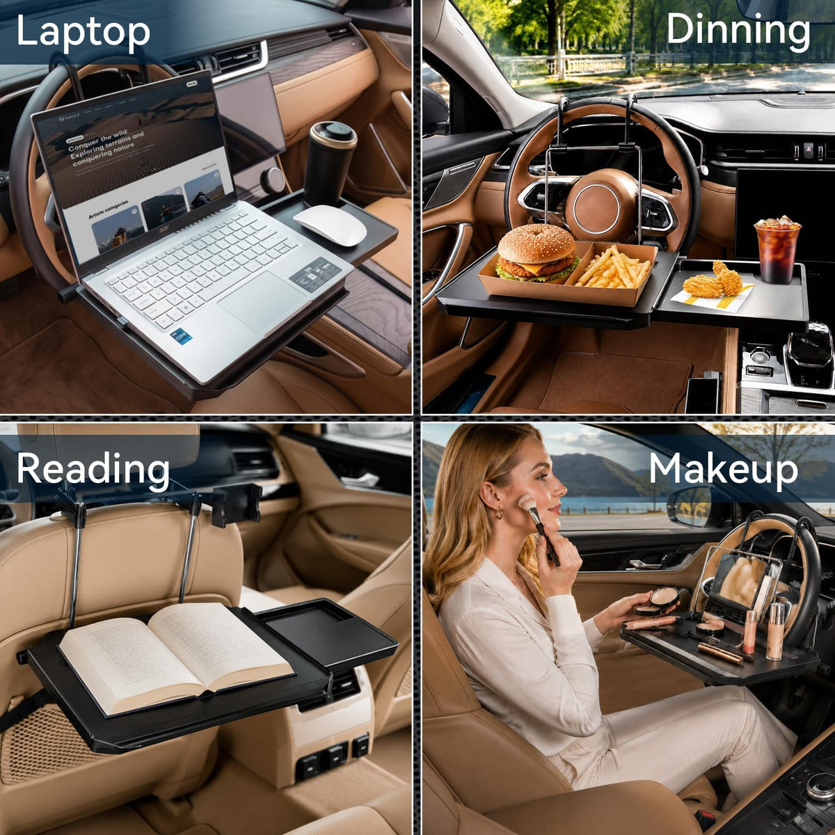 XOOL 2 in 1 Car Steering Wheel Tray, Back Seat Headrest Tray with Phone Holder – Foldable/Height Adjustable Steering Wheel Desk, Car Laptop Desk & Food Tray for Cars, SUVs & Trucks