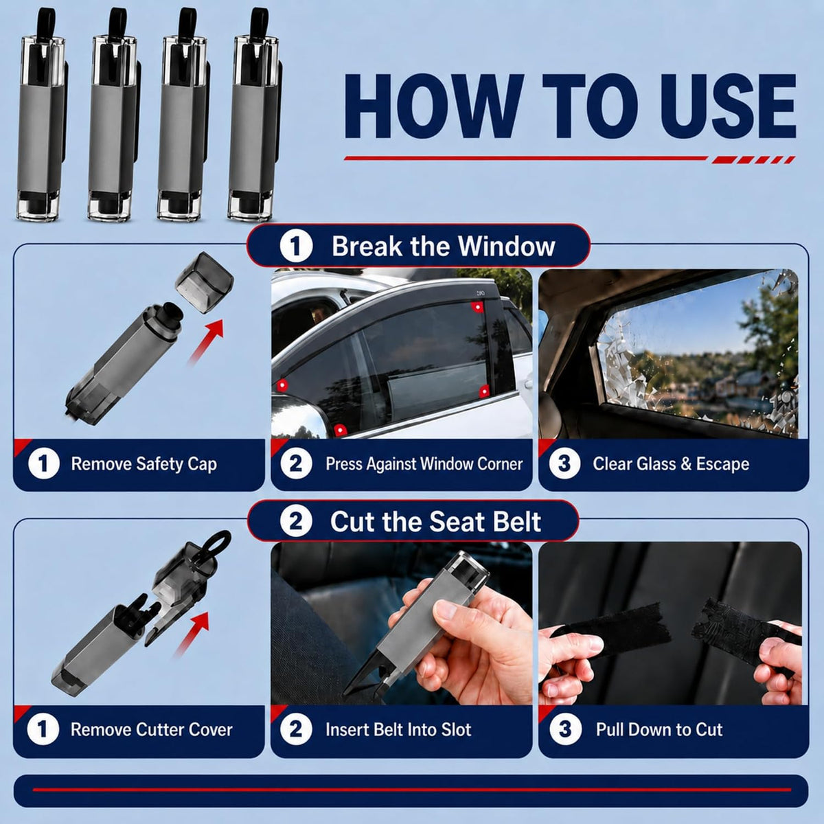 Window Breaker Seatbelt Cutter, Spring-Loaded Car Escape Tool, 4 Pack