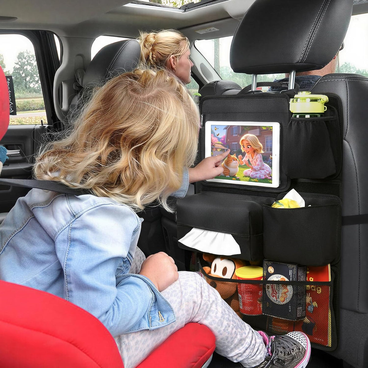 JEYODA Hook and Loop Backseat Car Organizer, Back Seat Storage Bag Kick Mats with Touch Screen Tablet Holder for Kids, Designed for Easy Removal, Installation and Cleaning (Standard Set(6 Piece))