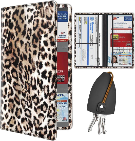 Car Document Holder with Magnetic Shut, PU Leather Car Registration & Insurance Card Holder for Driver License, Cards & Essential Documents, Vehicle Glove Box Organizer, Leopard Cheetah Print
