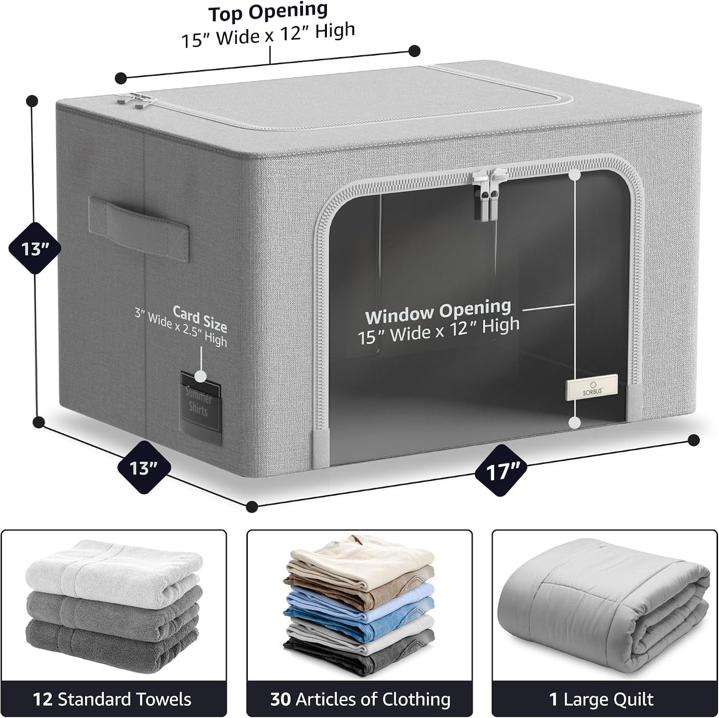 Sorbus Storage Bins with Metal Frame - Stackable &amp; Foldable Clothes Organizer Bags - Oxford Fabric Storage Containers with Large Clear Window &amp; Carry Handles Organization for Bedding Linen &amp; Clothing