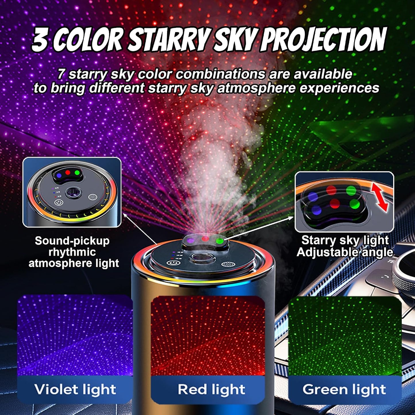 Smart Car Air Freshener, Car Air Freshener Diffuser with 3 Color Starry Sky Projection, Cars Scent Diffuser with RGB Music Syncing Light, 3 Mode Adjustable, Auto On/Off Cars Diffuser, 50ml Cologne