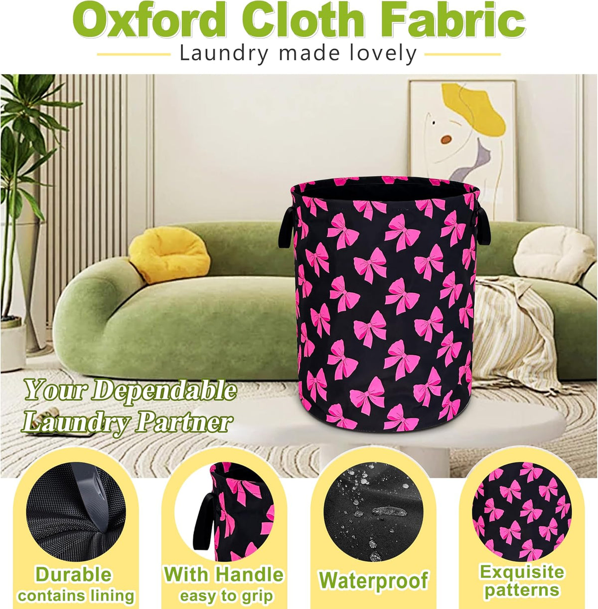 Pink Bow Laundry Basket Foldable Waterproof Bowknot Hamper 18.9 x 16.5 Inch