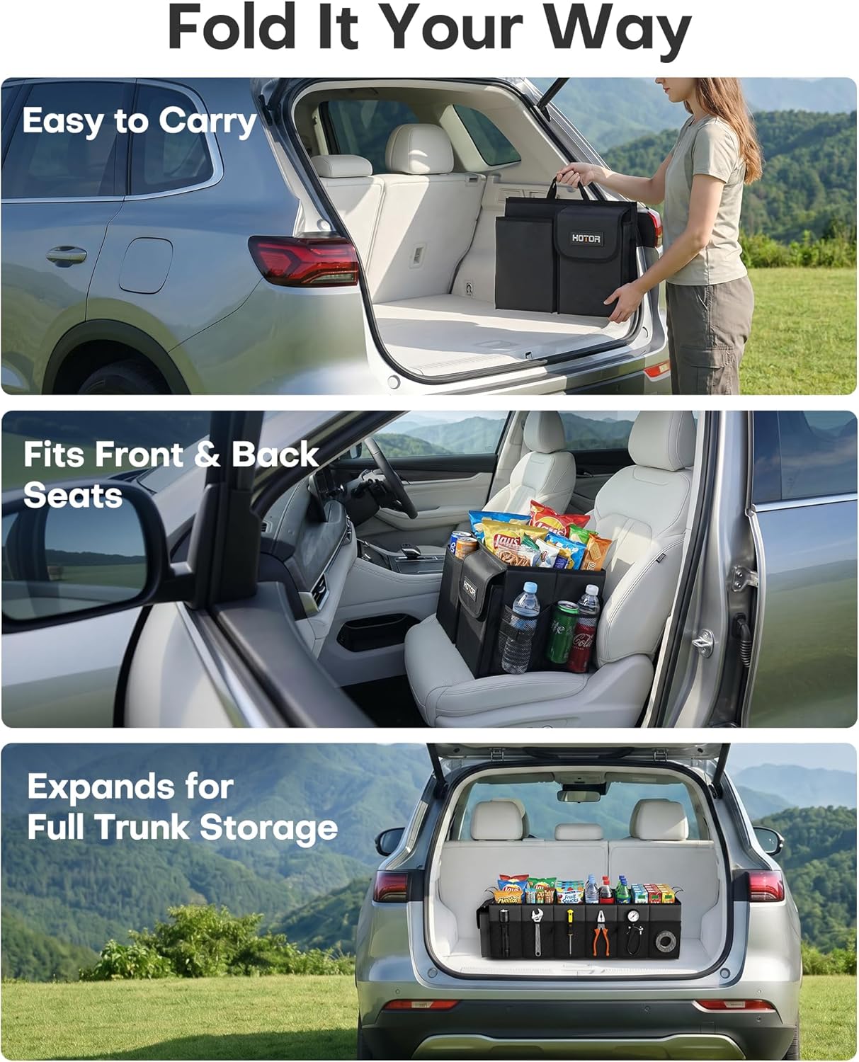 HOTOR Trunk Organizer, Sturdy Foldable with Cooler for Car & SUV, 3 Compartments, Black, 31.5” x 12.6” x 10.6”