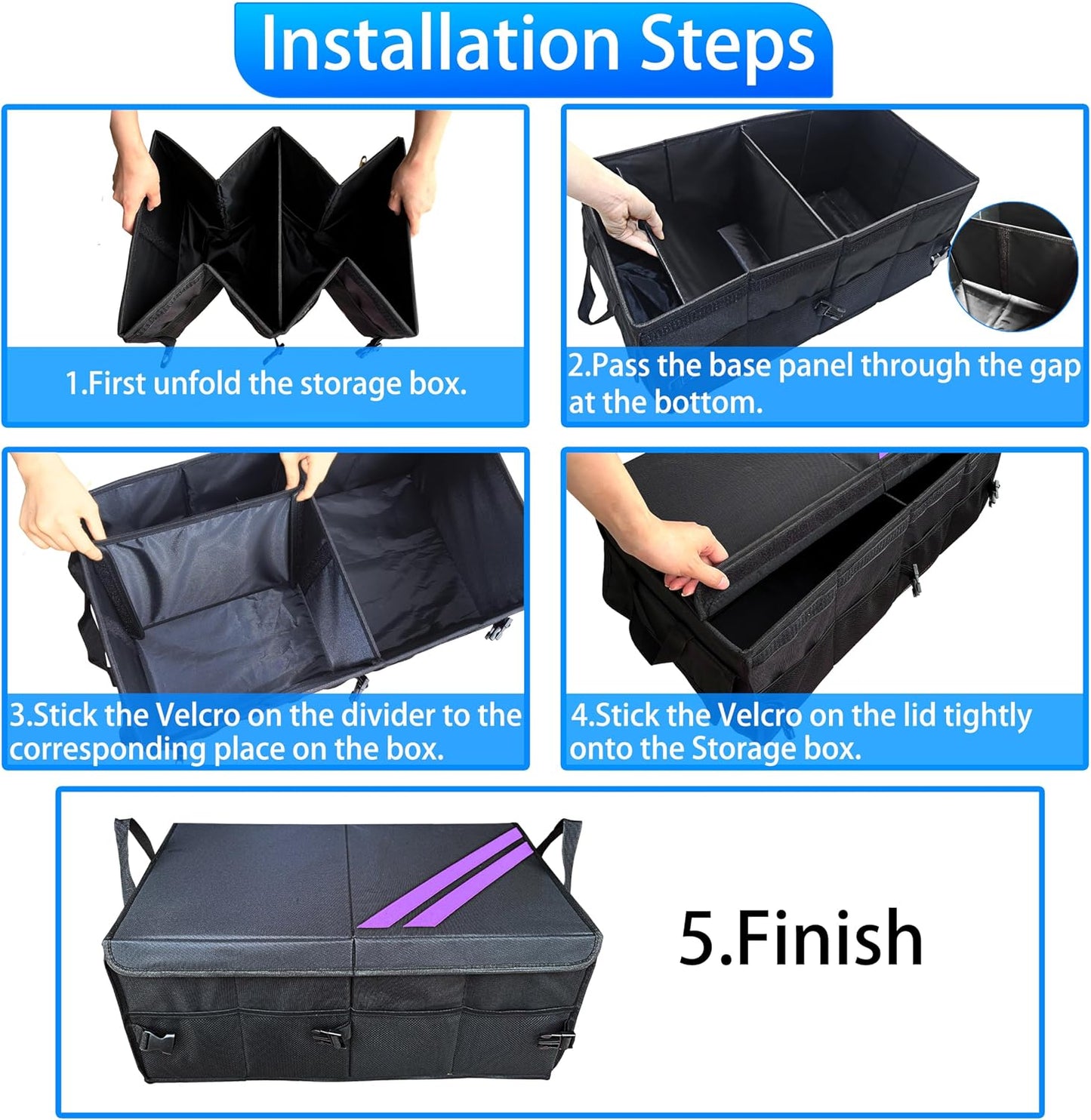 YOSRTER for Dodge Charger Durango Challenger Ram Car Trunk Organizer Collapsible Storage Box with Handle Foldable Lid Non Slip Bottom Sturdy Base Panel 2 Compartment Purple Trim