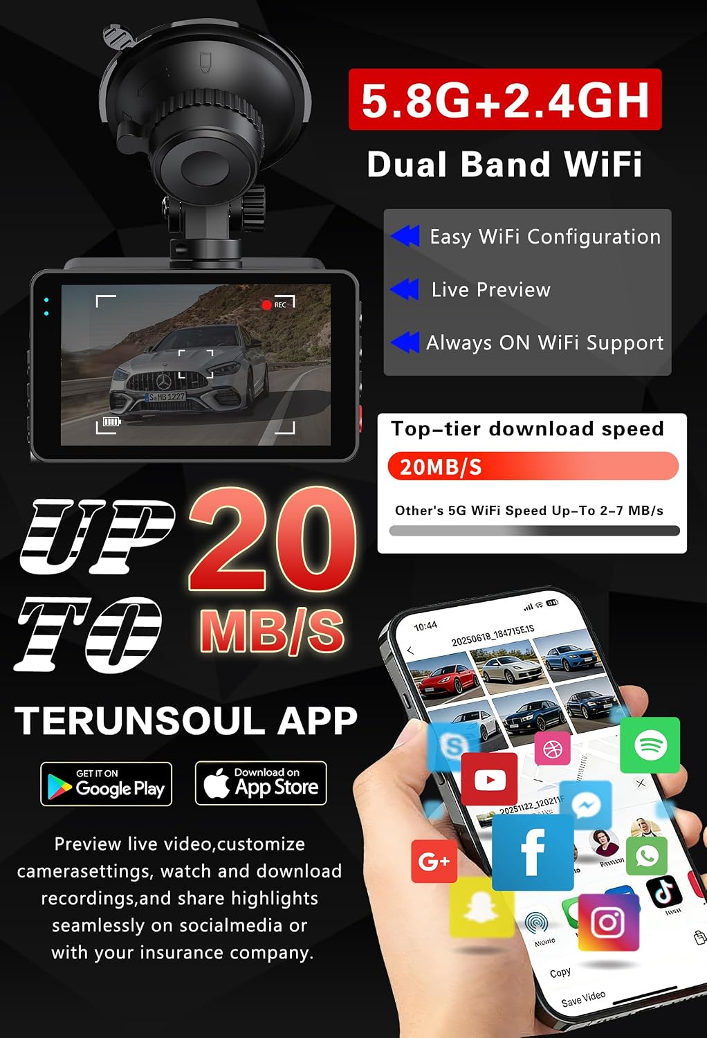 4K Dash Cam Front and Rear,G-Sensor, Free 64GB Card Included, 5.8GHz WiFi Dash Cam for Cars, 3" HDIPS, 24H Parking Monitor,Night Vision,Time-Lapse Recording