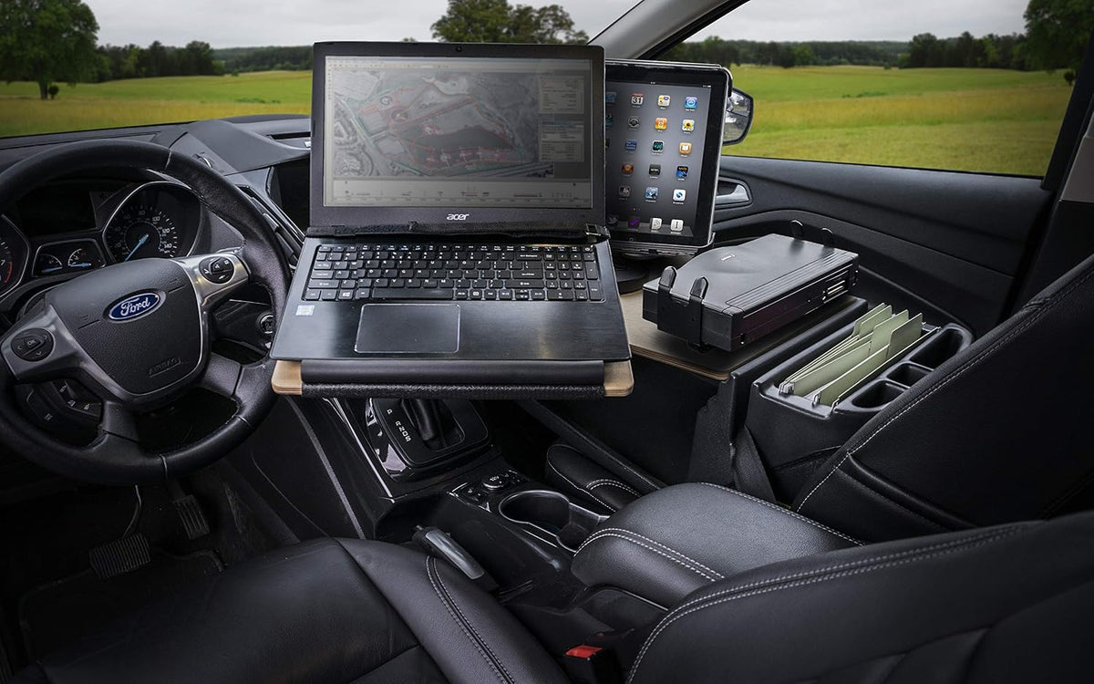 AutoExec Reach Desk Front Seat Car Desk and Portable Workstation with Printer Stand, Tablet Mount and Phone Vent Clip, Natural