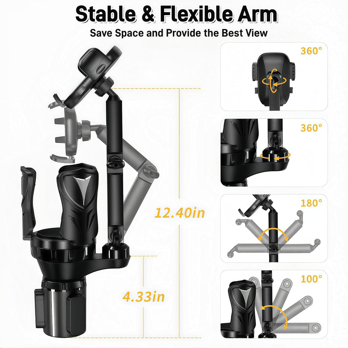 2-in-1 Car Cup Phone Holder for Your Car, Expander with Adjustable Base, 360 Rotation, Compatible for All Smartphones up to 4.13”, Universal Fit for Truck/SUV, Anti-Slip & No Shake Design -Black