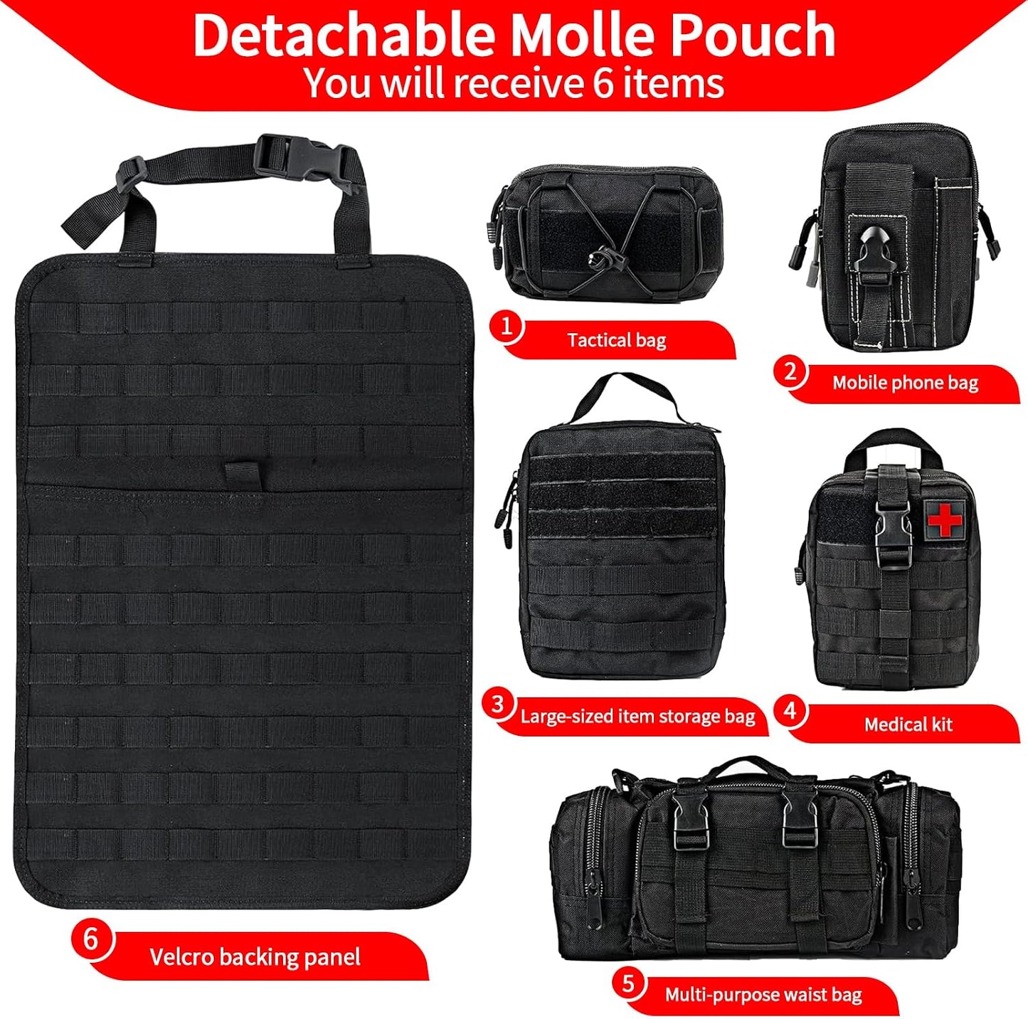 Tactical Car Seat Back Organizer with 5 Detachable Molle Pouches, 600D PU Waterproof Vehicle Seat Back Storage Bag, Universal Fit for Car, SUV, Truck, Pickup, Truck (Black)