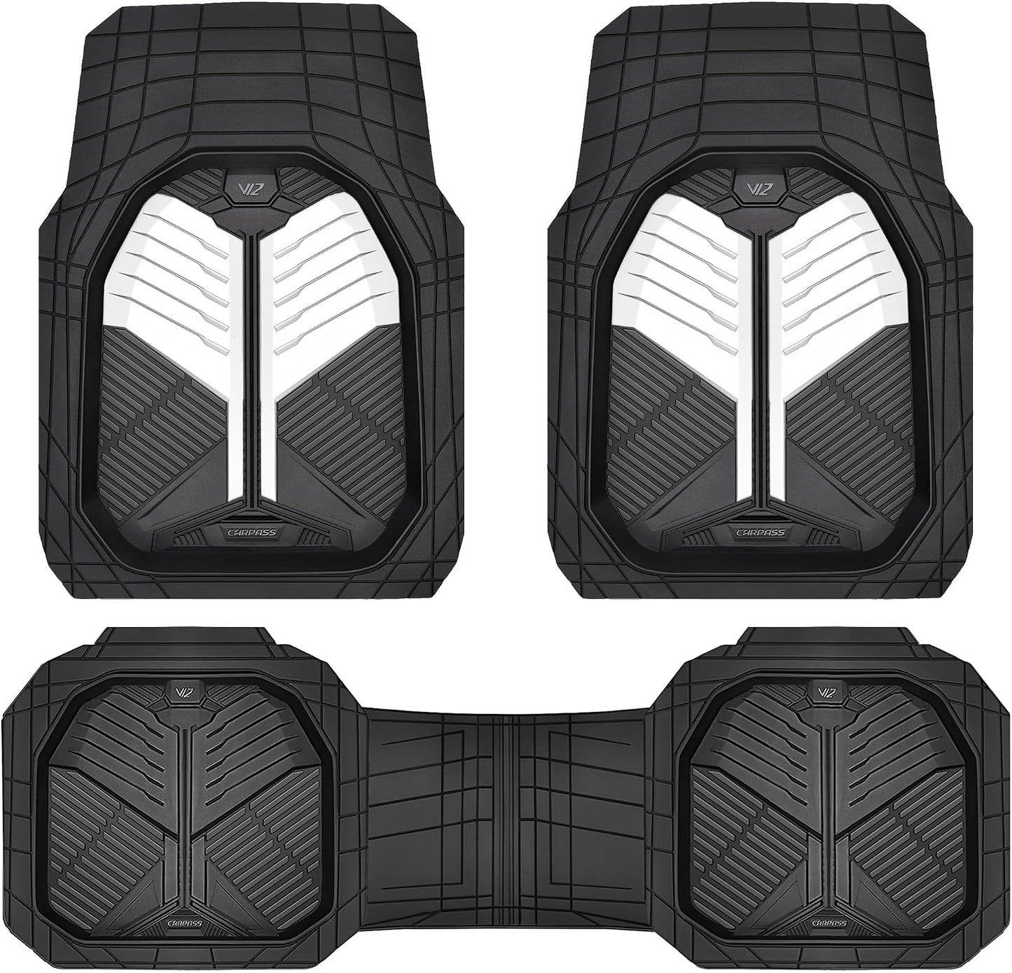 CAR PASS Heavy Duty Rubber Car Mats, Deep Dish Car Floor Mats All Weather, Car Mats Full Set 4-Piece Trim to Fit for Sedans SUVs Trucks, Waterproof Anti-Slip Automotive Mats, V12 Black Champagne Gold