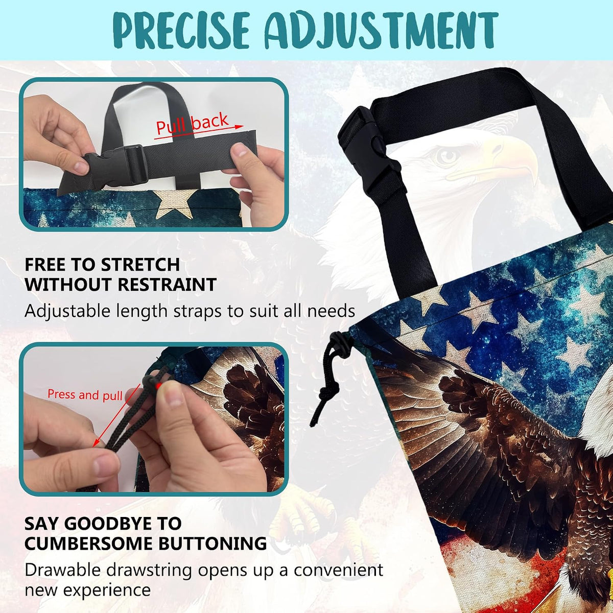 Car Garbage Bag Bald Eagle American Flag Drawstring Car Trash Bag Hanging for Back Seat with Adjustable Buckle Canvas Vehicle Trash Can Easy-to-Install