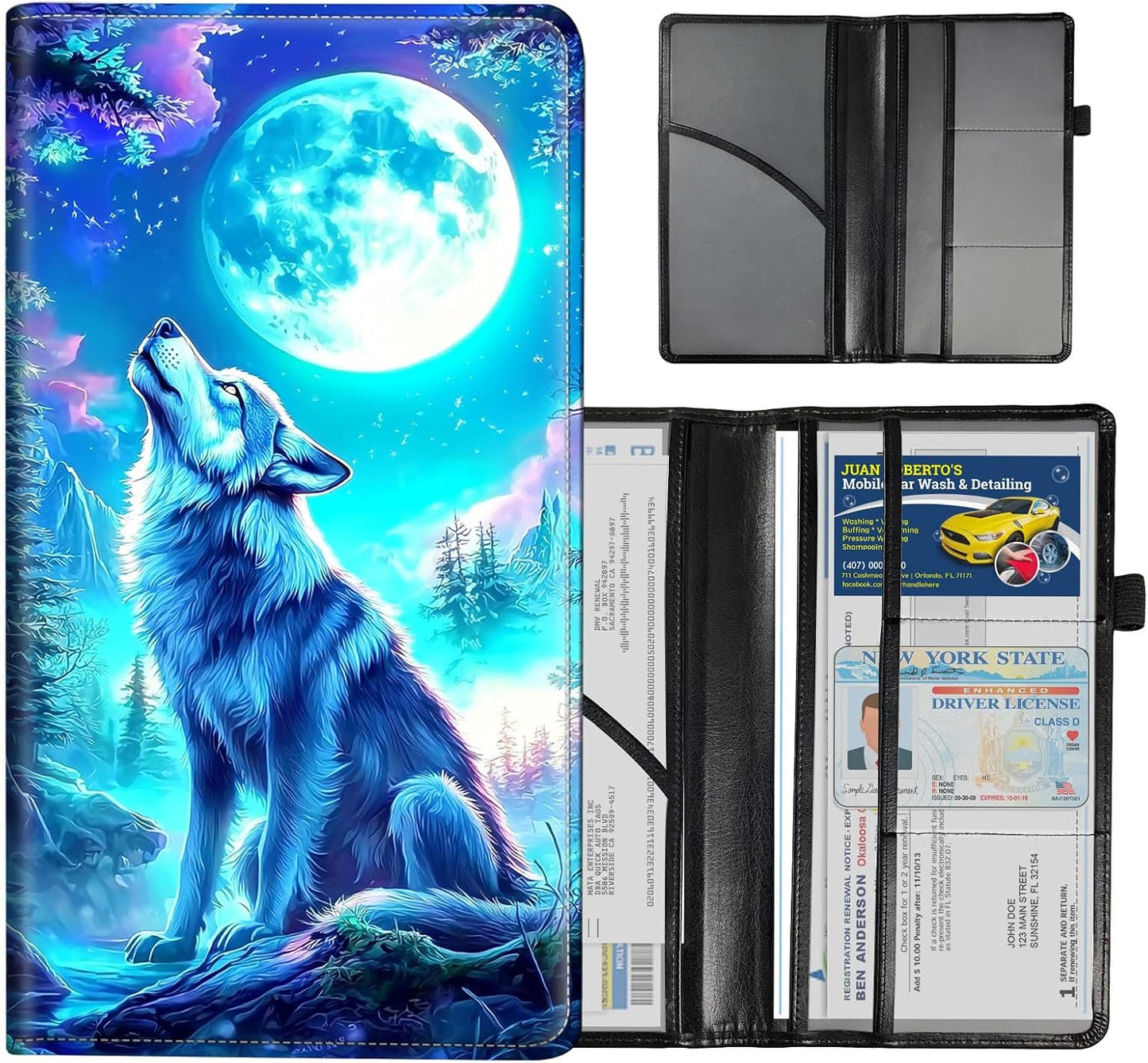 Car Registration and Insurance Holder for Women & Men Glove Box - Durable Auto Insurance Card Organizer with Easy Access,Holds Driver's License & Registration Cards,Howling Wolf