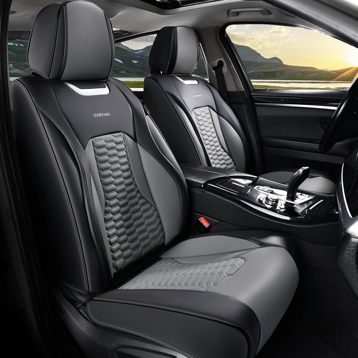 Coverado Car Seat Covers Front Seats, Luxury Leather Seat Covers for Cars, Automotive Car Seat Covers Protector Universal Fit Most Sedans, SUVs, Pick-up Trucks Interior Accessories(Black&Gray)
