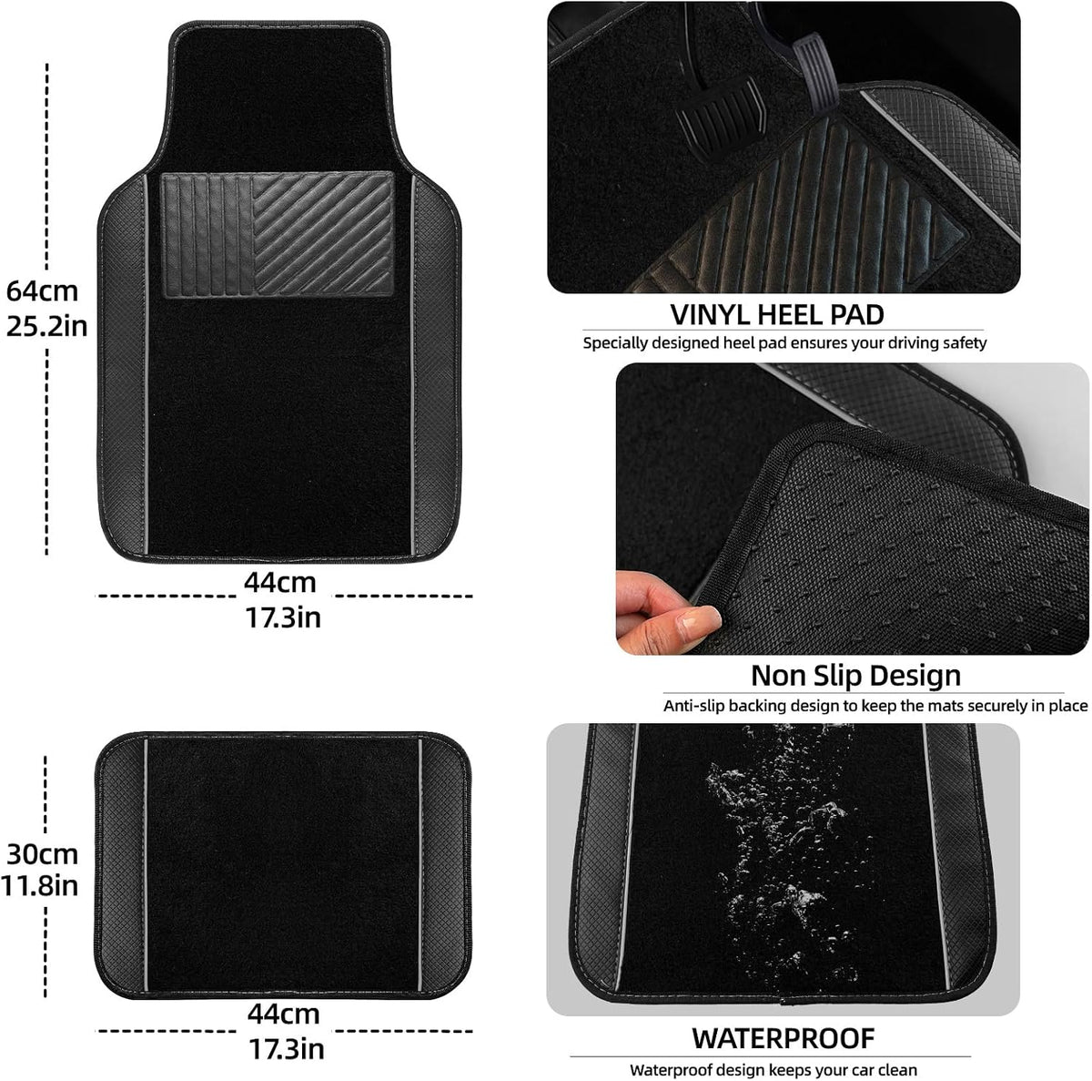 NBTEPEM Waterproof Universal Fit Car Floor Mats, Faux Leather Sporty Car Carpet Mats with Anti-Slip Nibbs Backing & Driver Heel Pad Fit for SUV, Vans, Sedans, Trucks, Set of 4 (Black with Grey line)