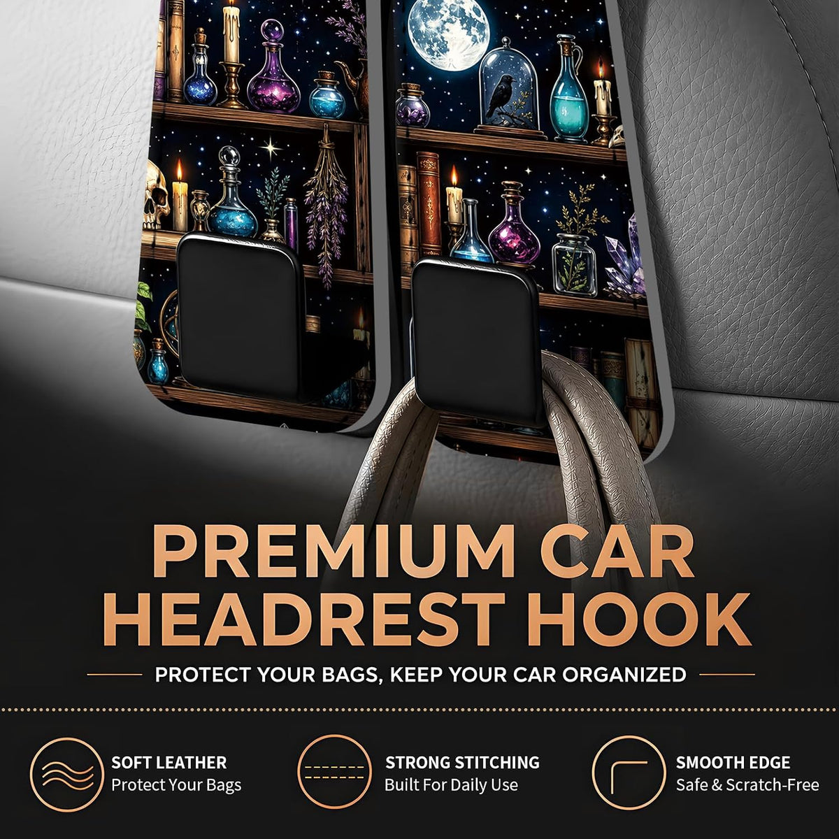 Leather Purse Hook for Car, Universal Cute Car Seat Headrest Hooks, Heavy Duty Vehicle Organizer for Handbags, Funny Car Interior Accessories Cute Book Shelf