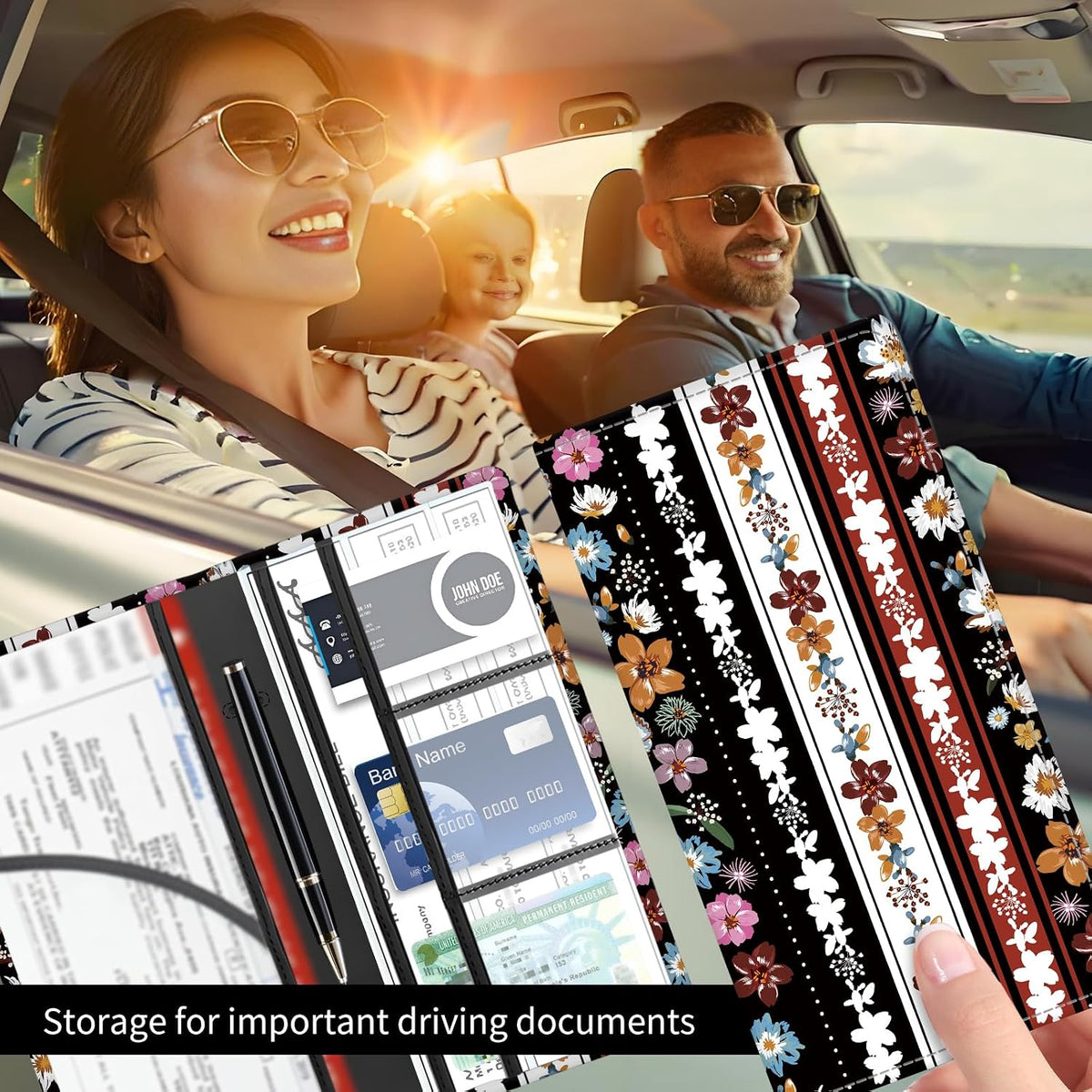 Premium Car Registration and Insurance Card Holder, Cute PU Leather Car Document Holder, Vehicle Glove Box Car Organizer with Magnetic Closure for Driver License, Cards Stripe Floral