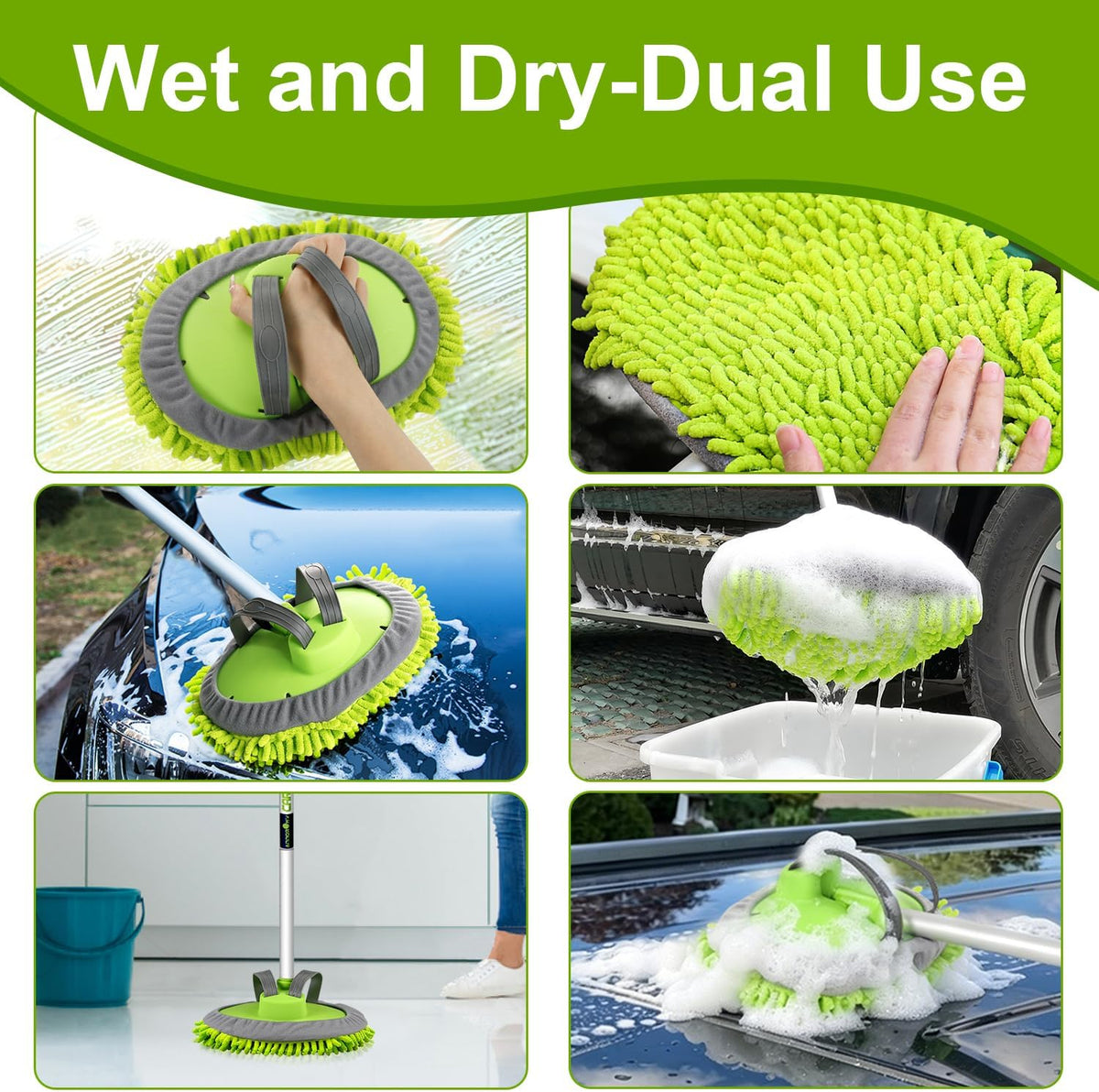 anngrowy 62" Microfiber Car Wash Brush Mop Kit Mitt Sponge with Long Handle Car Cleaning Supplies Kit Duster Washing Car Tools Accessories, 1 Chenille Scratch-Free Replacement Head Aluminum Alloy Pole