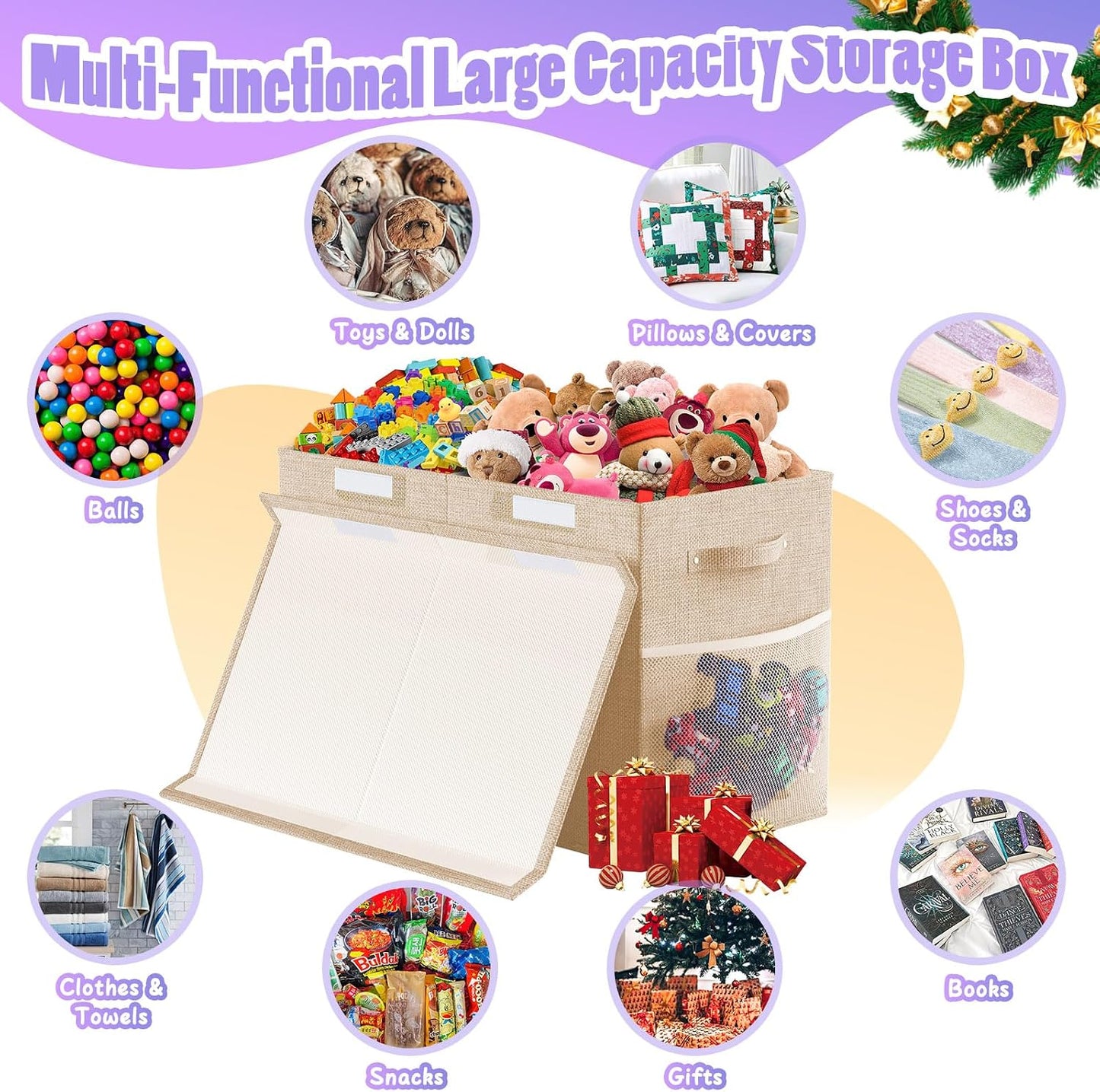 Large Toy Storage Box with Lid Divider, Sturdy Collapsible Toys Organizer Chest Kids Storage Bins Boxes Baskets for Boys, Girls, Nursery, Bedroom, Living Room, Playroom, 25"x13"x16", Beige