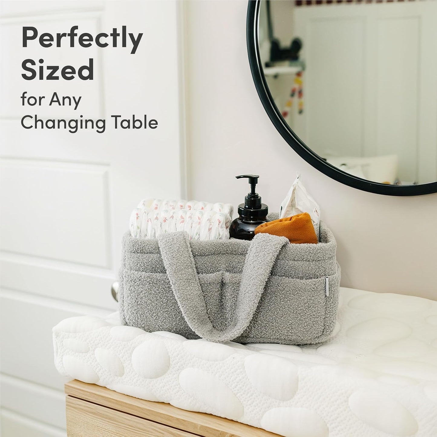 PUTSKA Baby Diaper Caddy Organizer for Changing Table – Stylish Nursery Storage Basket, Newborn Essentials, Baby Shower Gifts and Registry Must-Haves for Boy or Girl, Car Diaper Caddy, Fleece Grey