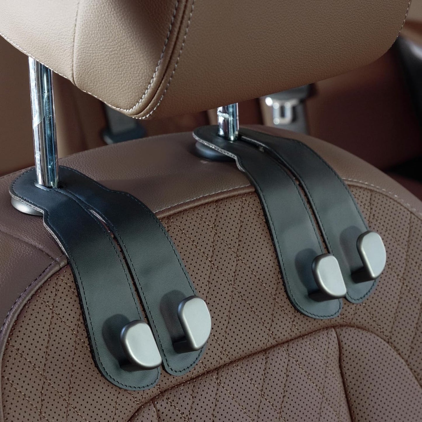 CoBak Purse Hook for Car - Universal Premium Stitched Leather and Aluminum-Magnesium Alloy Double Car Seat Back Storage Hook for Purses, Handbags, Bags (4 Pack),Black